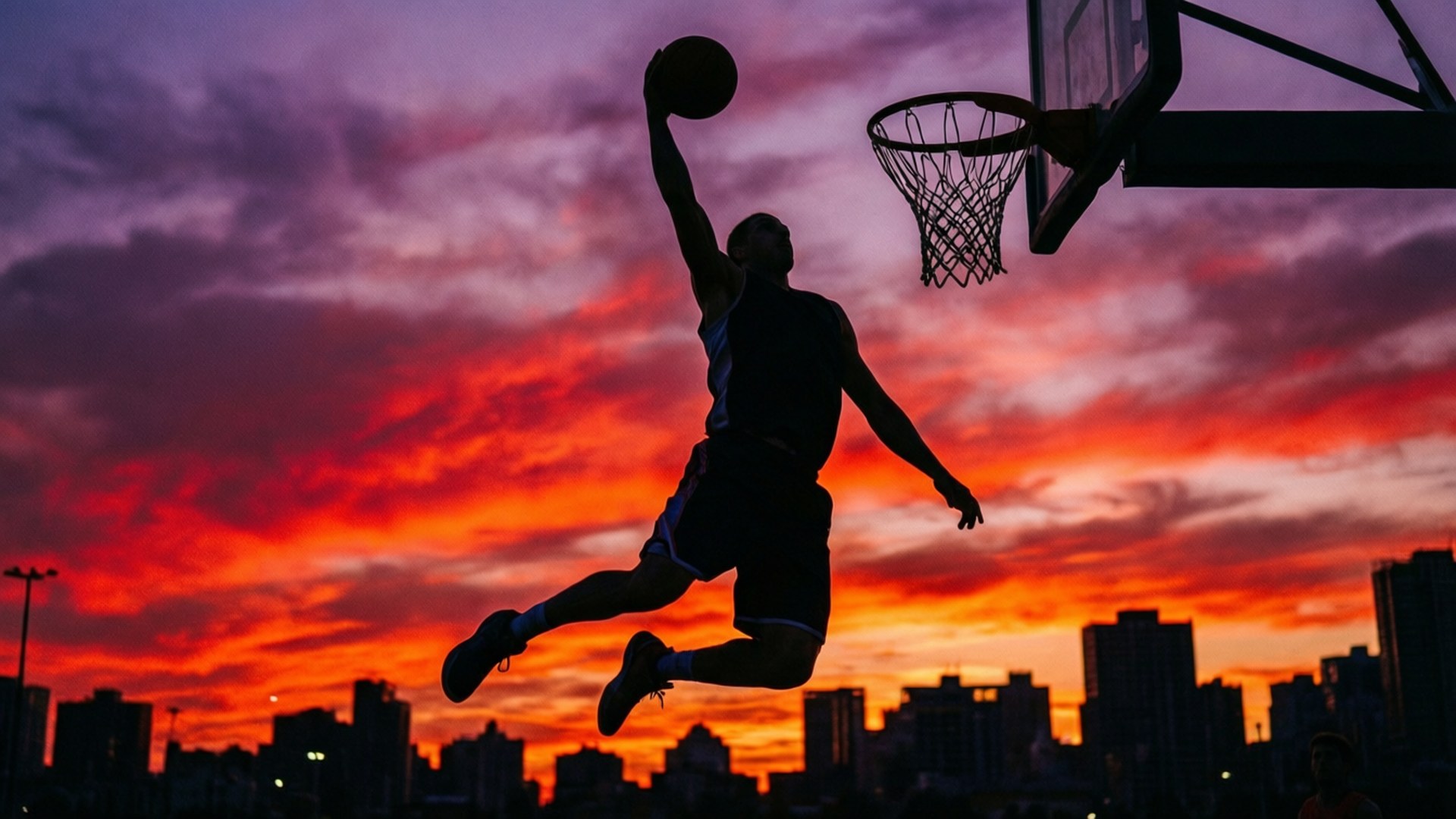 Sunset Dunk Silhouette 壁紙 — 一個籃球運動員在空中灌籃的剪影，背景是火紅的夕陽天空和城市天際線。