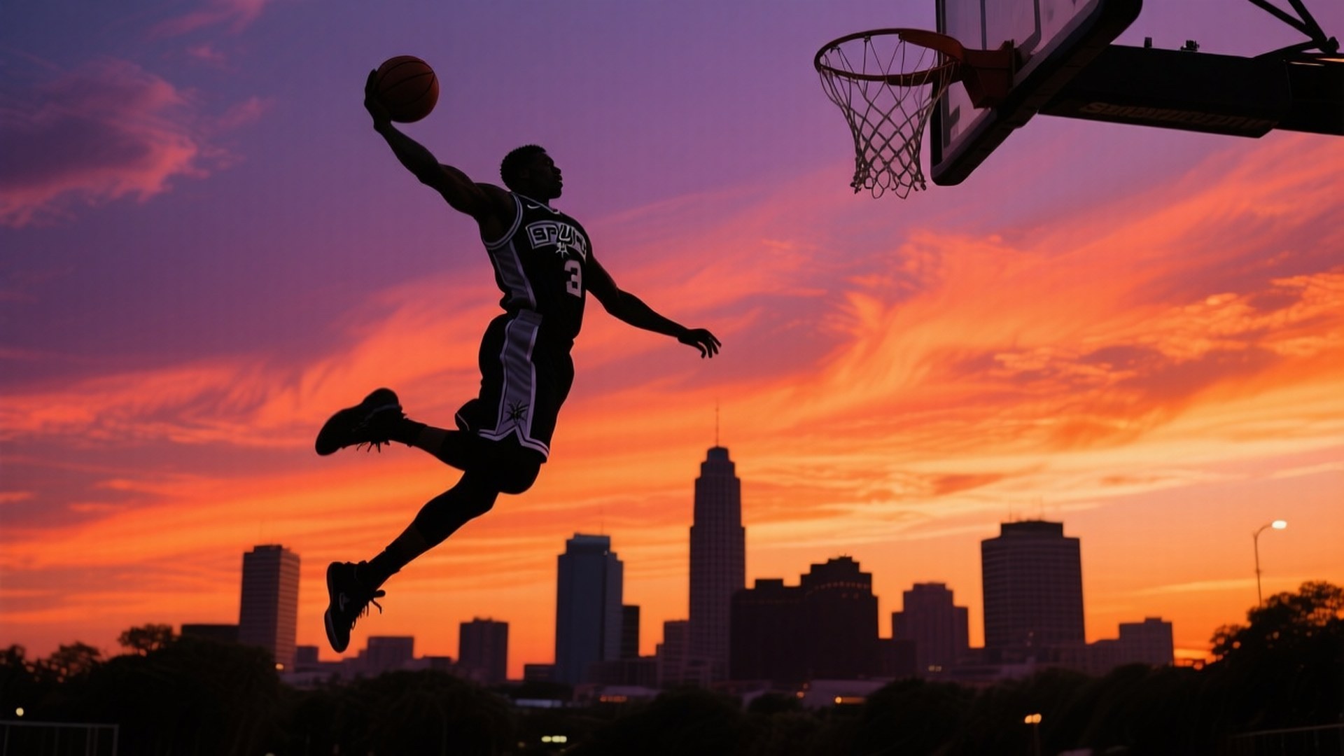 Spurs Player at Sunset 壁紙 — 一名籃球運動員在充滿活力的日落天空下以剪影姿態躍向籃框，背景是城市天際線。