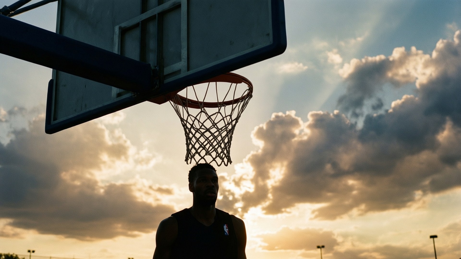 Against the Rim 壁紙 — 一名籃球運動員在籃框下以剪影站立，金色夕陽光線穿過戲劇性的雲層。
