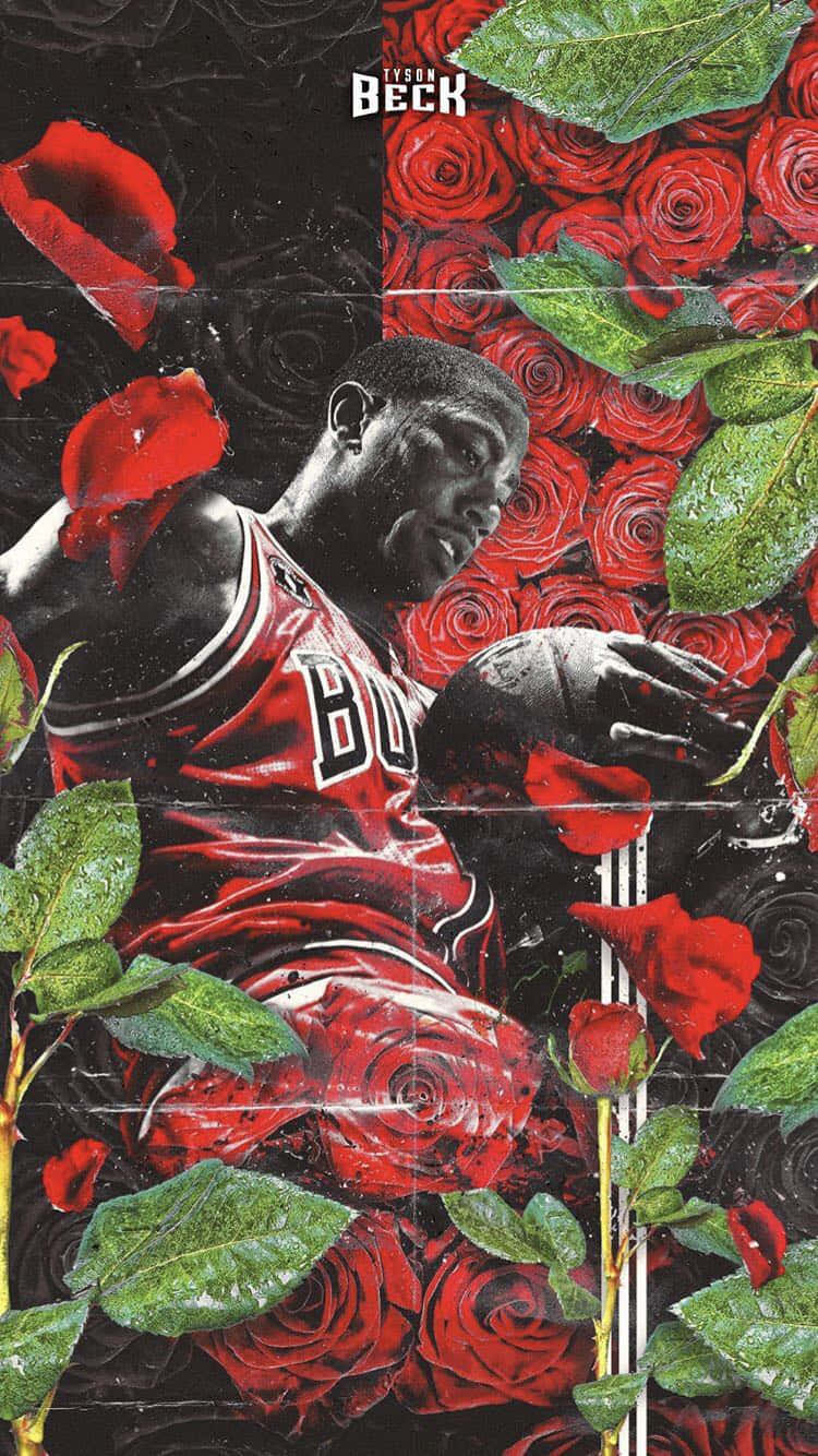 身穿紅色球衣的籃球運動員被紅玫瑰和綠葉環繞。 — NBA 壁紙