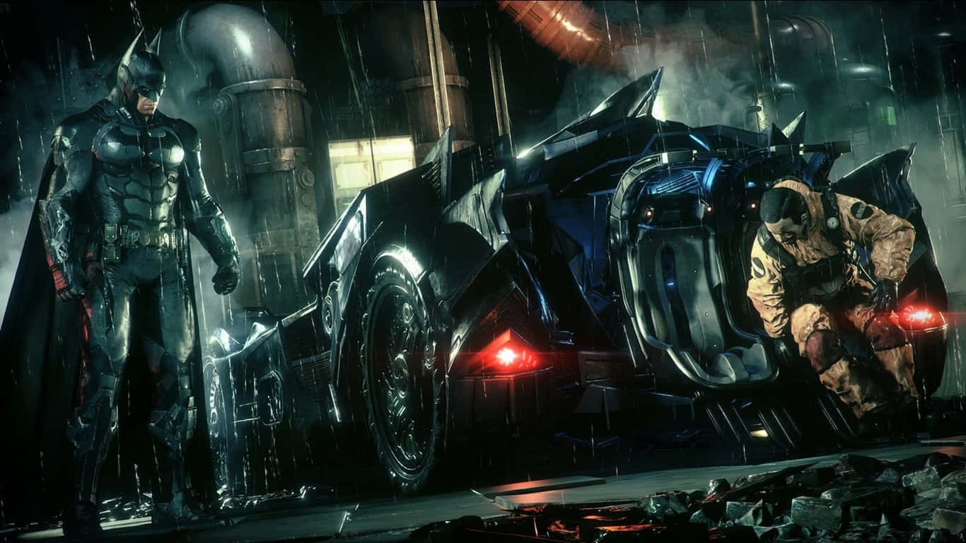 蝙蝠俠和士兵在雨夜工業小巷中靠近蝙蝠車。 — 1366X768 壁紙