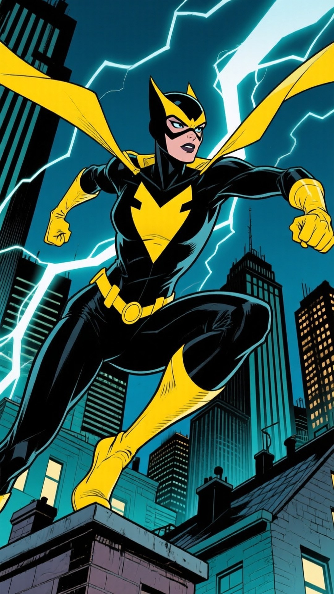 Silk Spectre Rooftop 壁紙 — 蝙蝠女在都市天際線上空翱翔，閃電在她黃色斗篷和戰衣周圍劈啪作響。