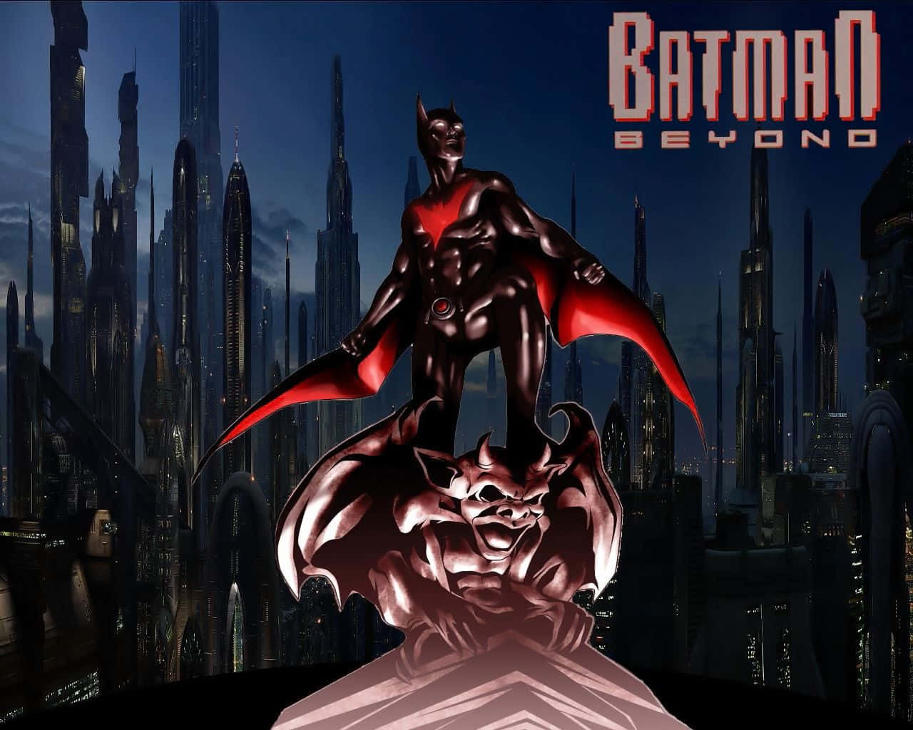 未來蝙蝠俠 桌布 壁紙 — Batman Beyond 站在一個蝙蝠雕像上，背景是未來城市的天際線，夜晚有發光的摩天大樓。