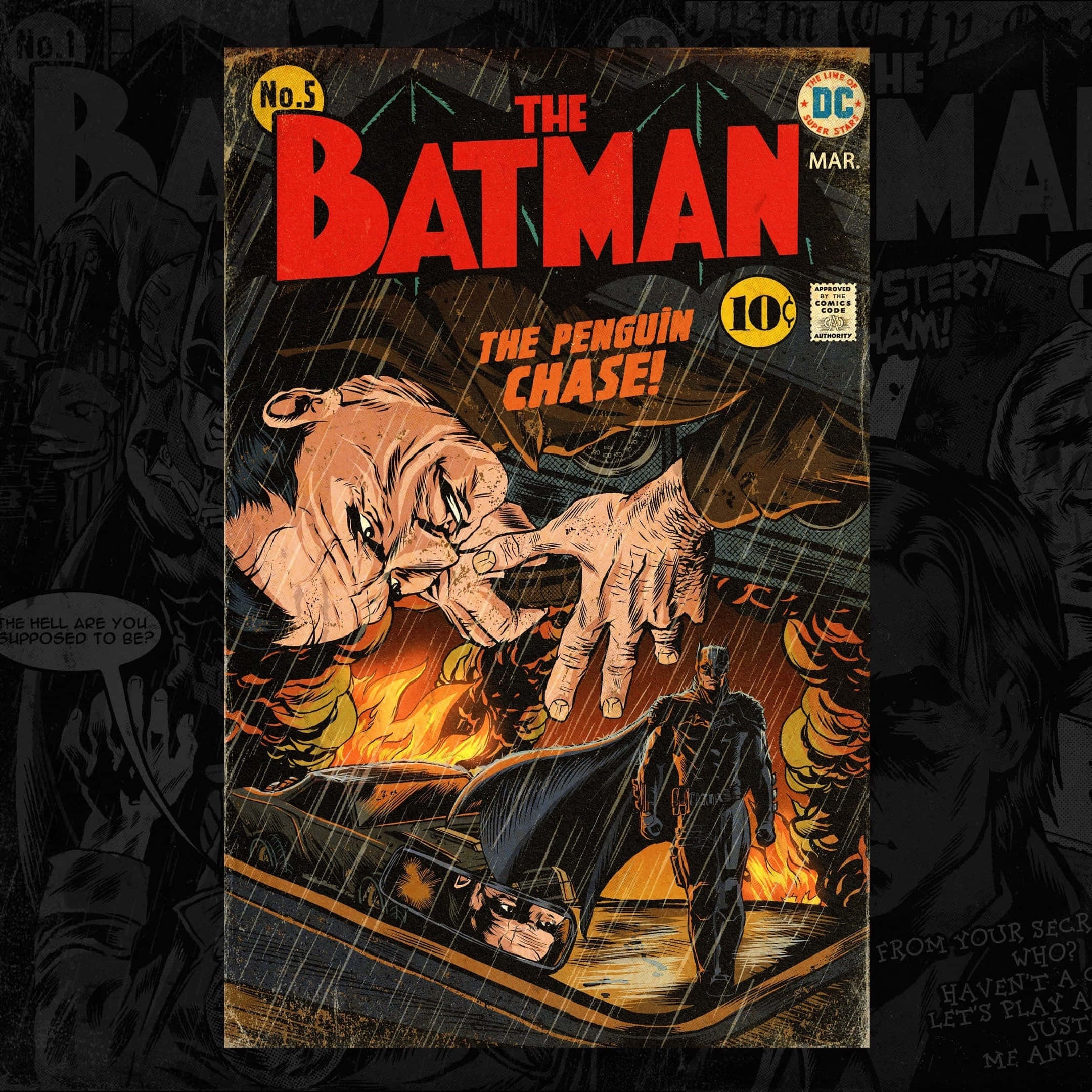 Batman Penguin 桌布 壁紙 — 蝙蝠俠在一個被雨淋濕、熾熱的漫畫書封面上與企鵝人對峙，帶有粗體紅色字體和戲劇性的陰影。