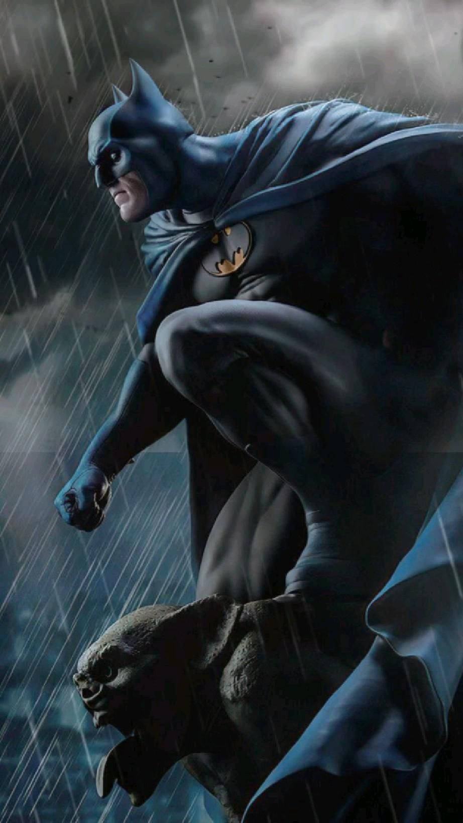 蝙蝠俠在夜晚的大雨中蹲在石像鬼上。 — 超級英雄 壁紙