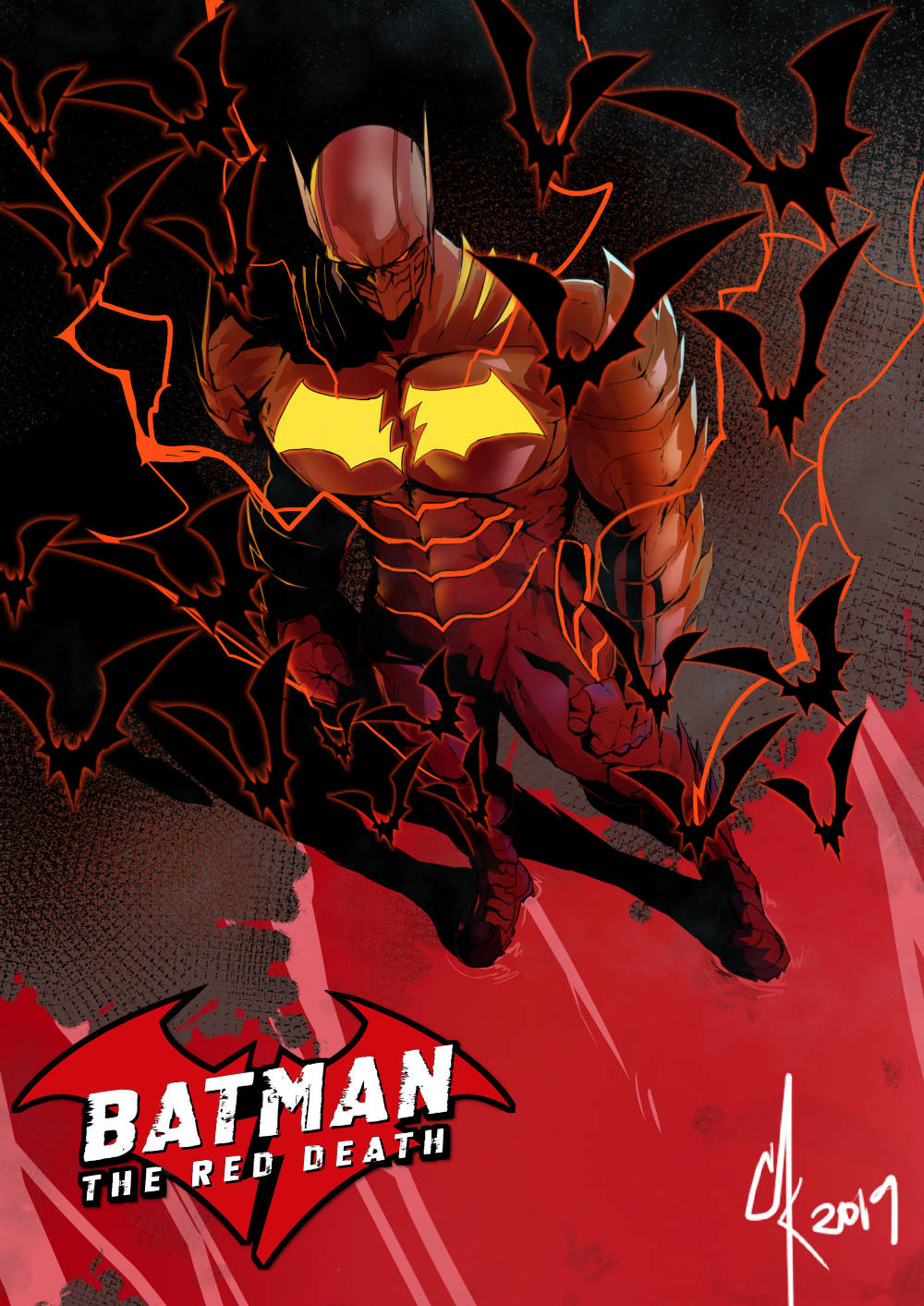 Red Death 桌布 壁紙 — Batman The Red Death 以動感姿態站立，被蝙蝠環繞，背景為深紅和黑色。