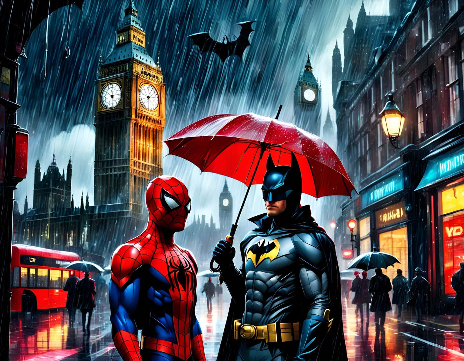  壁紙 — 蝙蝠俠為蜘蛛人撐起紅色雨傘，他們站在雨中的倫敦街頭，背後的大笨鐘閃閃發光。
