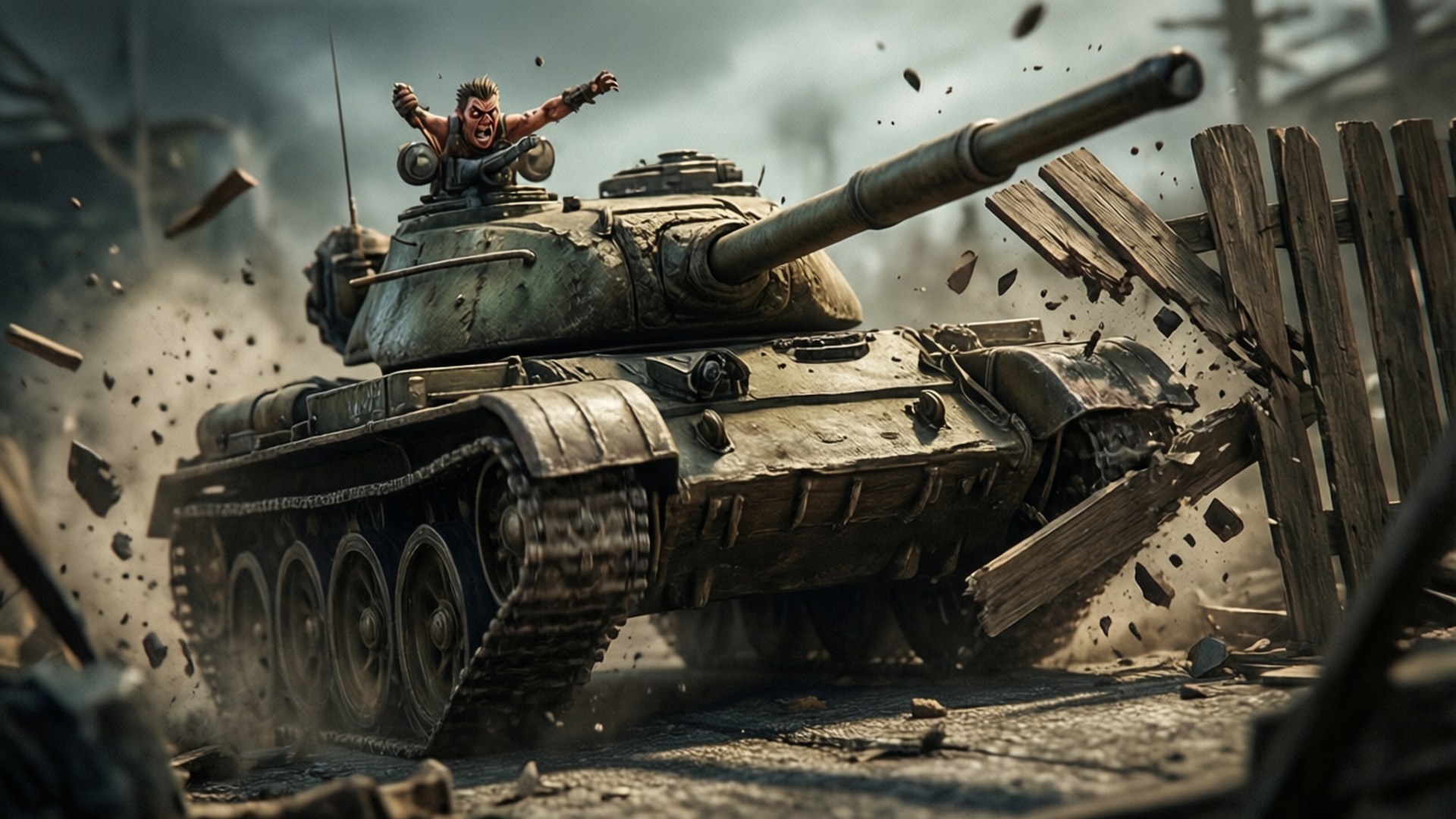 Tank Rampage 壁紙 — 一輛佈滿戰痕的坦克撞穿木柵欄，坦克上的士兵在飛揚的碎片和煙霧中高舉雙臂慶祝勝利。