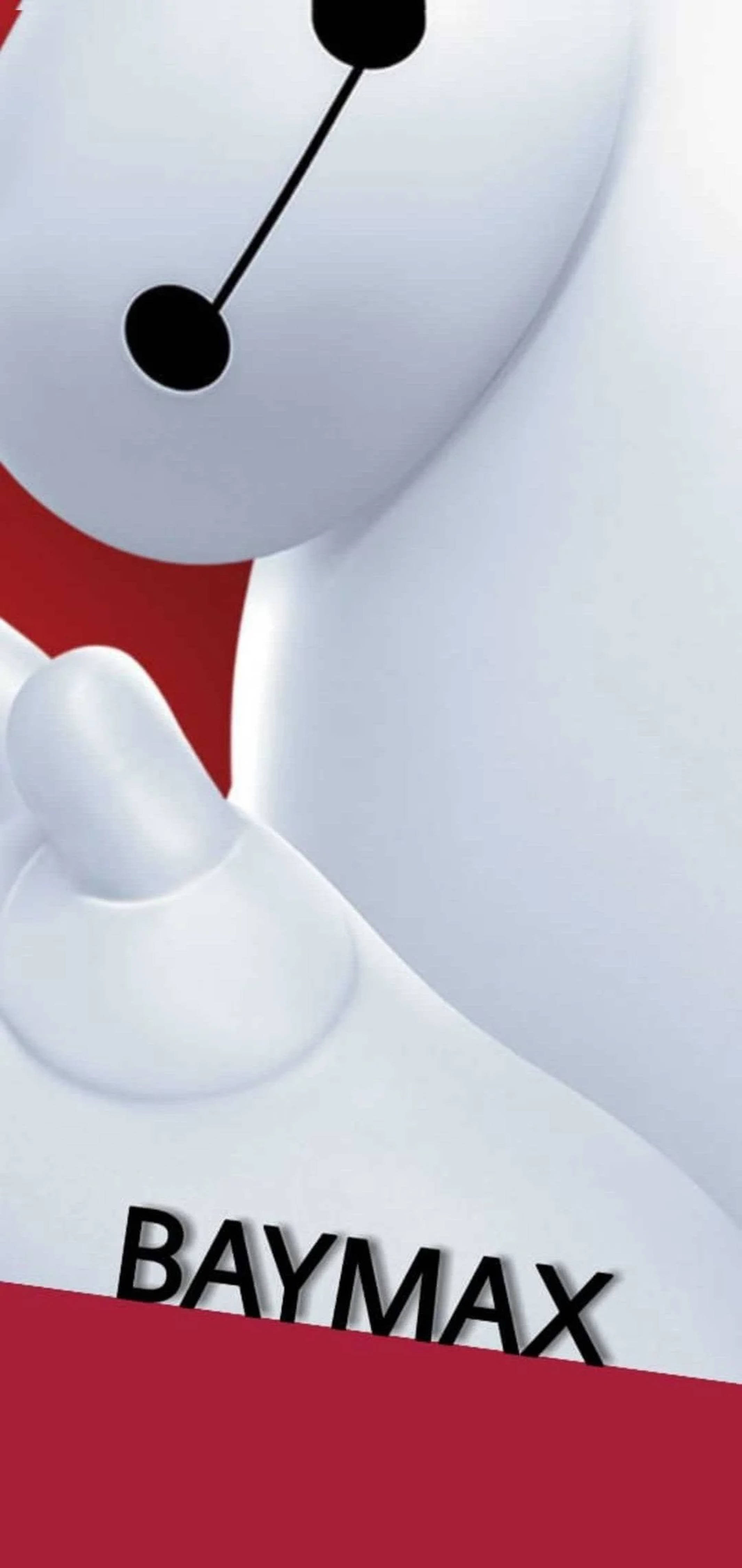 4K 桌布 壁紙 — Baymax 白色圓形臉部和手部的特寫，背景為大膽的紅色，他的名字以黑色文字呈現。
