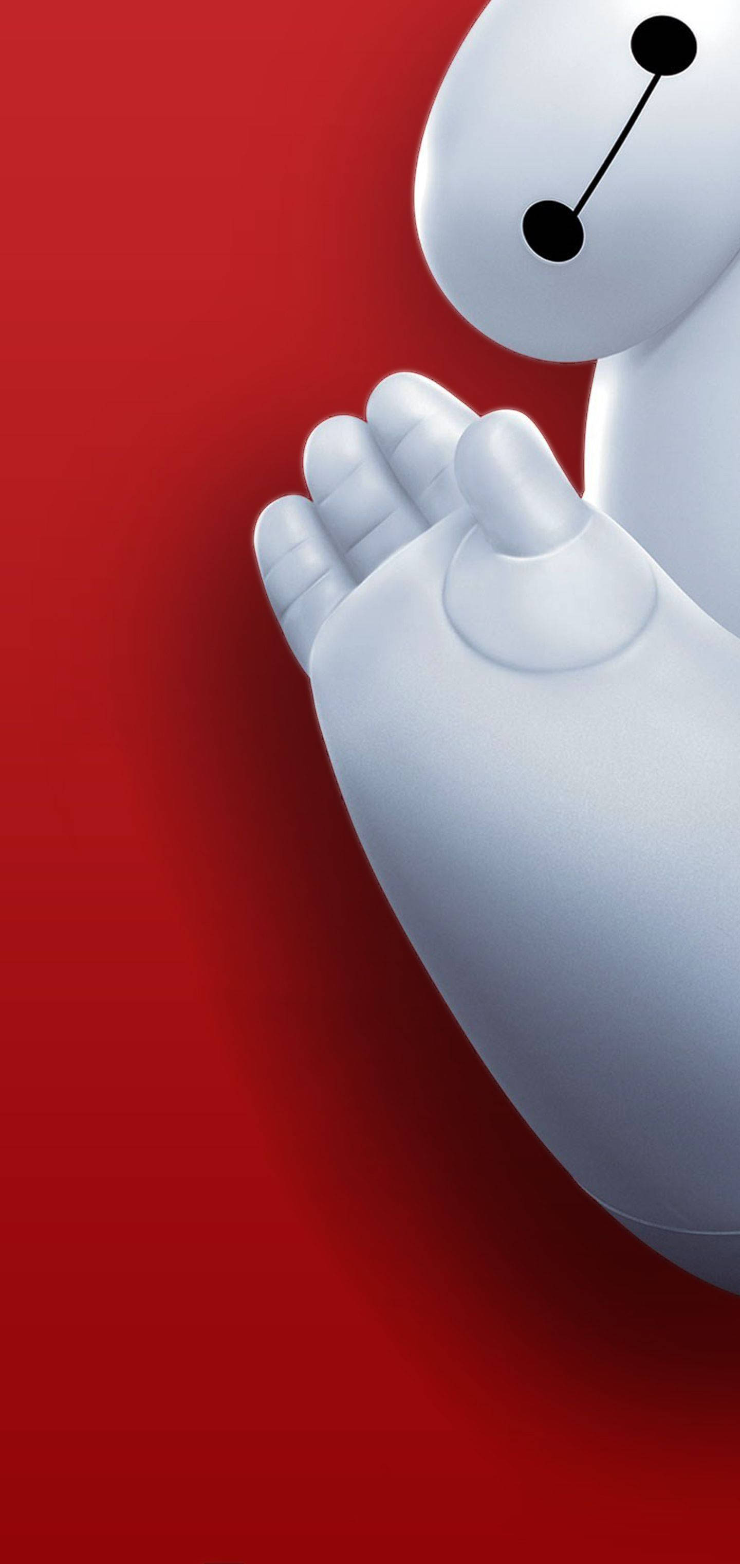 Galaxy S10 桌布 壁紙 — Baymax 的白色機械手和臉部特寫，背景為鮮紅色。