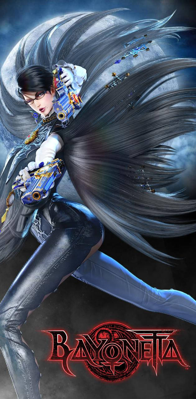 Bayonetta 桌布 壁紙 — Bayonetta 以動感姿勢拔出槍支，背景是旋轉的深色頭髮和發光的月亮，風暴般的場景。