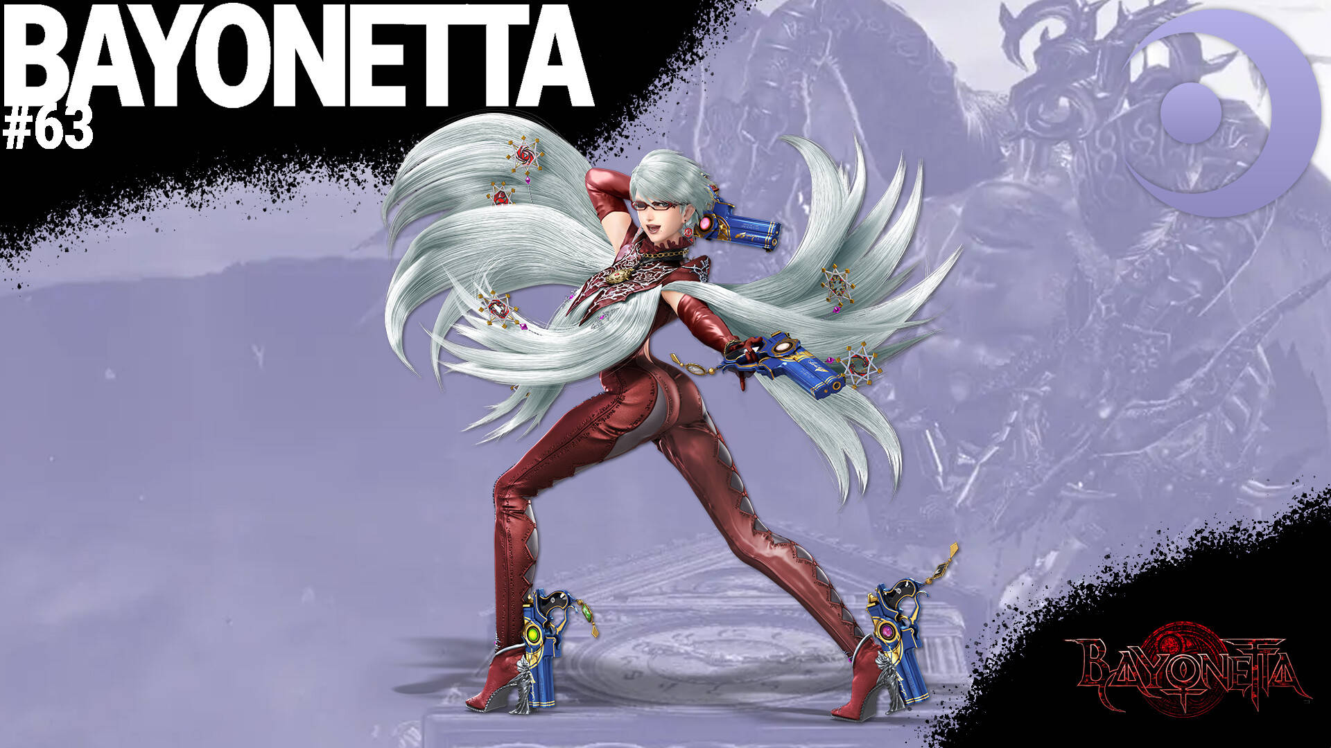 蓓優妮塔 桌布 壁紙 — Bayonetta 以飄逸銀髮和紅色服裝在神秘紫色背景下擺出動感姿勢。