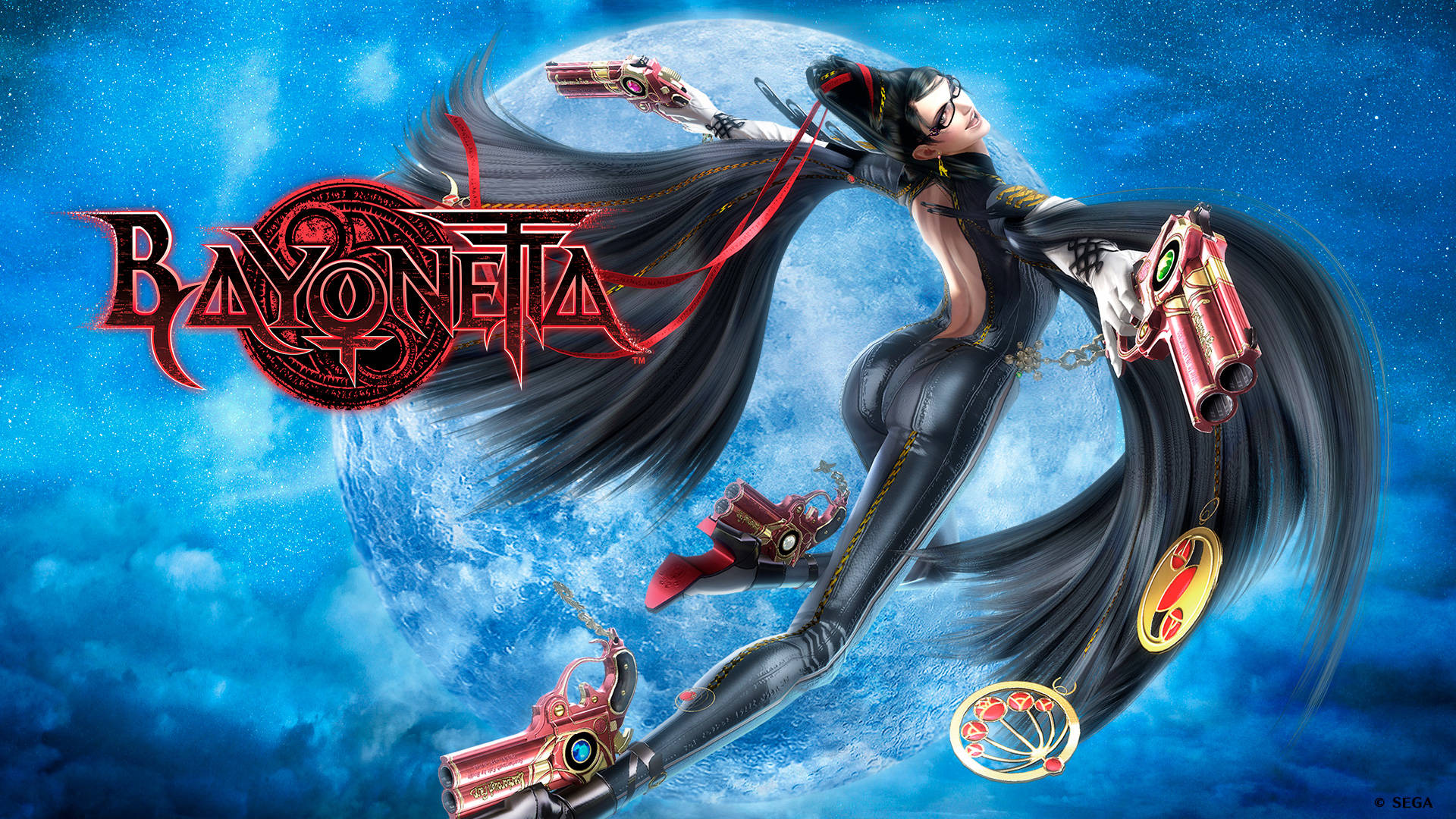 Bayonetta 桌布 壁紙 — Bayonetta 在滿月和旋轉藍雲的宇宙背景下動態跳躍。