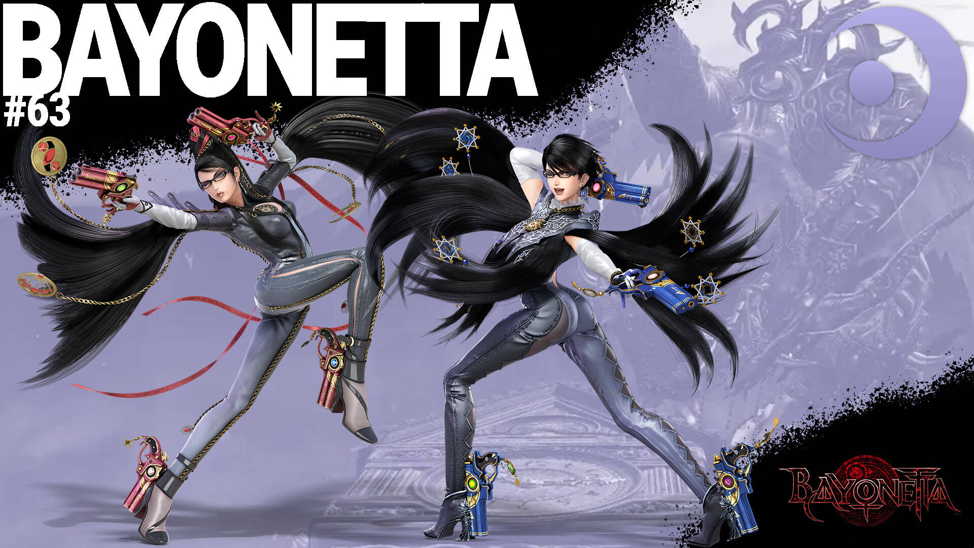 Bayonetta 桌布 壁紙 — Bayonetta 在神秘紫色背景下以槍和飄逸黑髮擺出動態戰鬥姿勢。