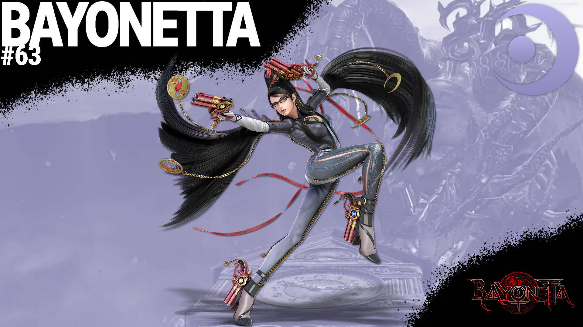 蓓優妮塔 桌布 壁紙 — Bayonetta 擺出動感姿勢，手持槍械，黑色長髮飄逸，紅色絲帶，背景是神秘的紫色。