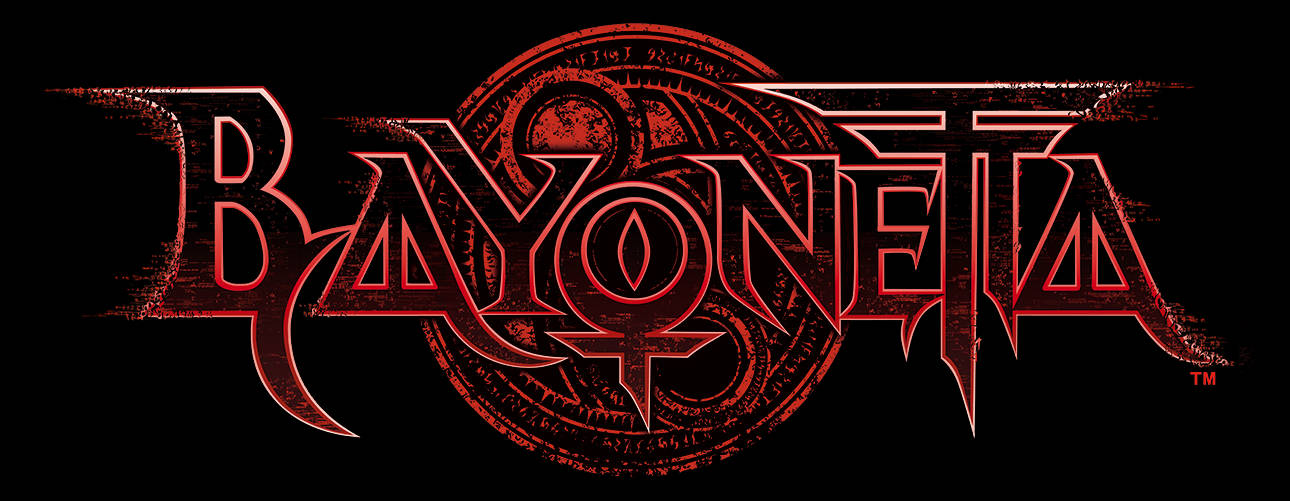 Bayonetta 桌布 壁紙 — Bayonetta 標誌在黑色背景上以鋸齒狀紅色發光，並帶有華麗的圓形符號。