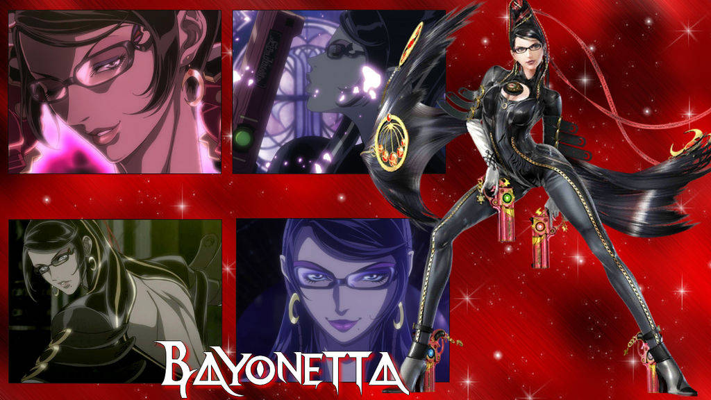 Bayonetta 桌布 壁紙 — Bayonetta 身穿黑色皮革服裝，在閃爍的紅色背景前動態擺姿勢，並有四個角色特寫。