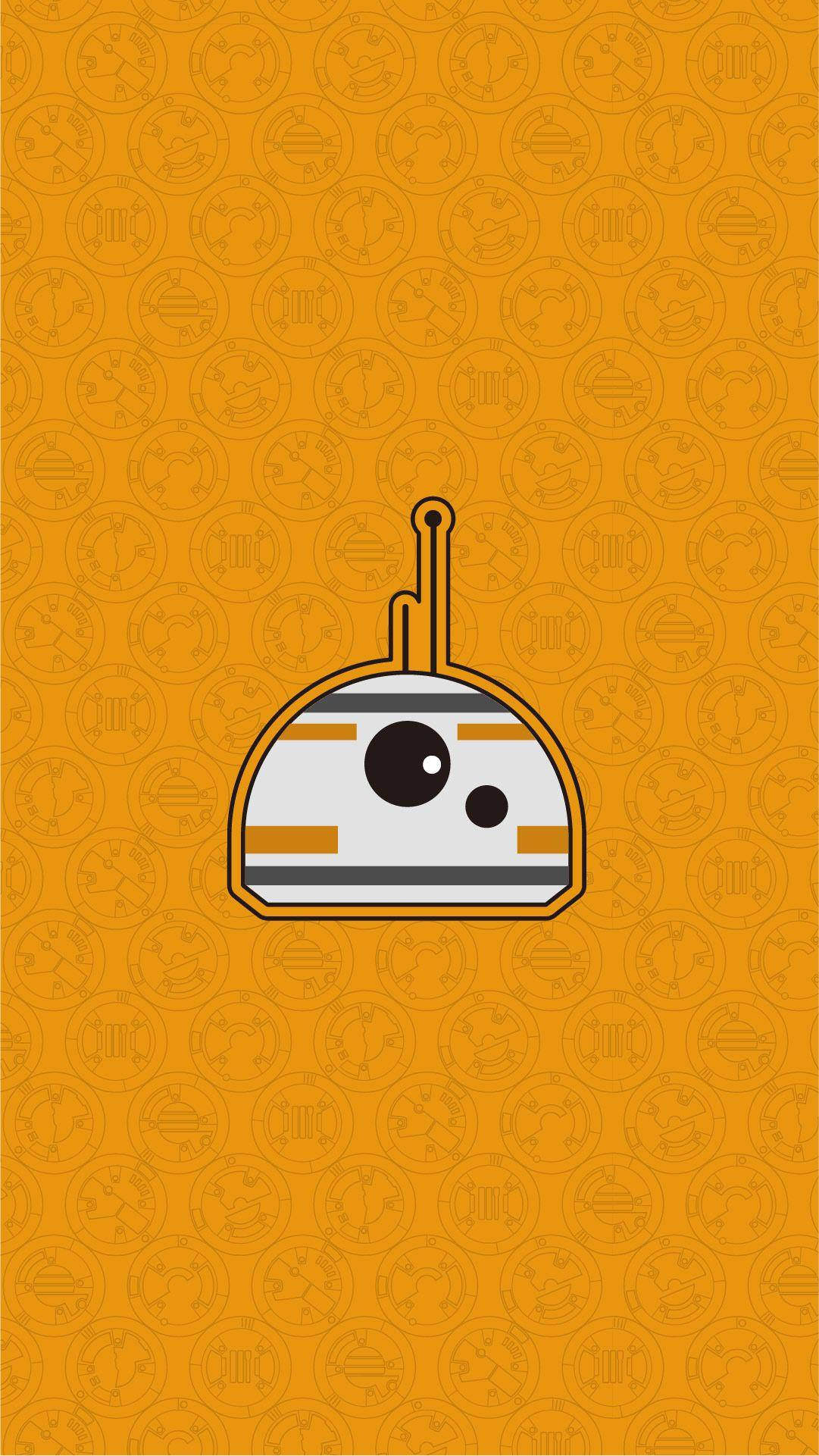星際大戰 桌布 壁紙 — BB-8 在重複橙色圖案背景上漂浮的極簡線條藝術插圖。