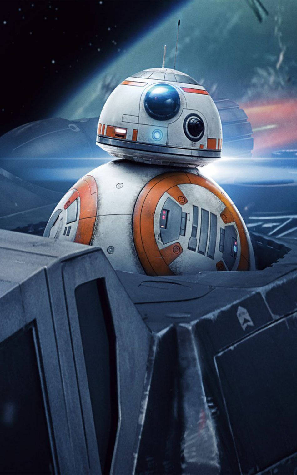 機器人 桌布 壁紙 — BB-8 機器人從太空船駕駛艙窺視，背景是星空、行星和星雲。