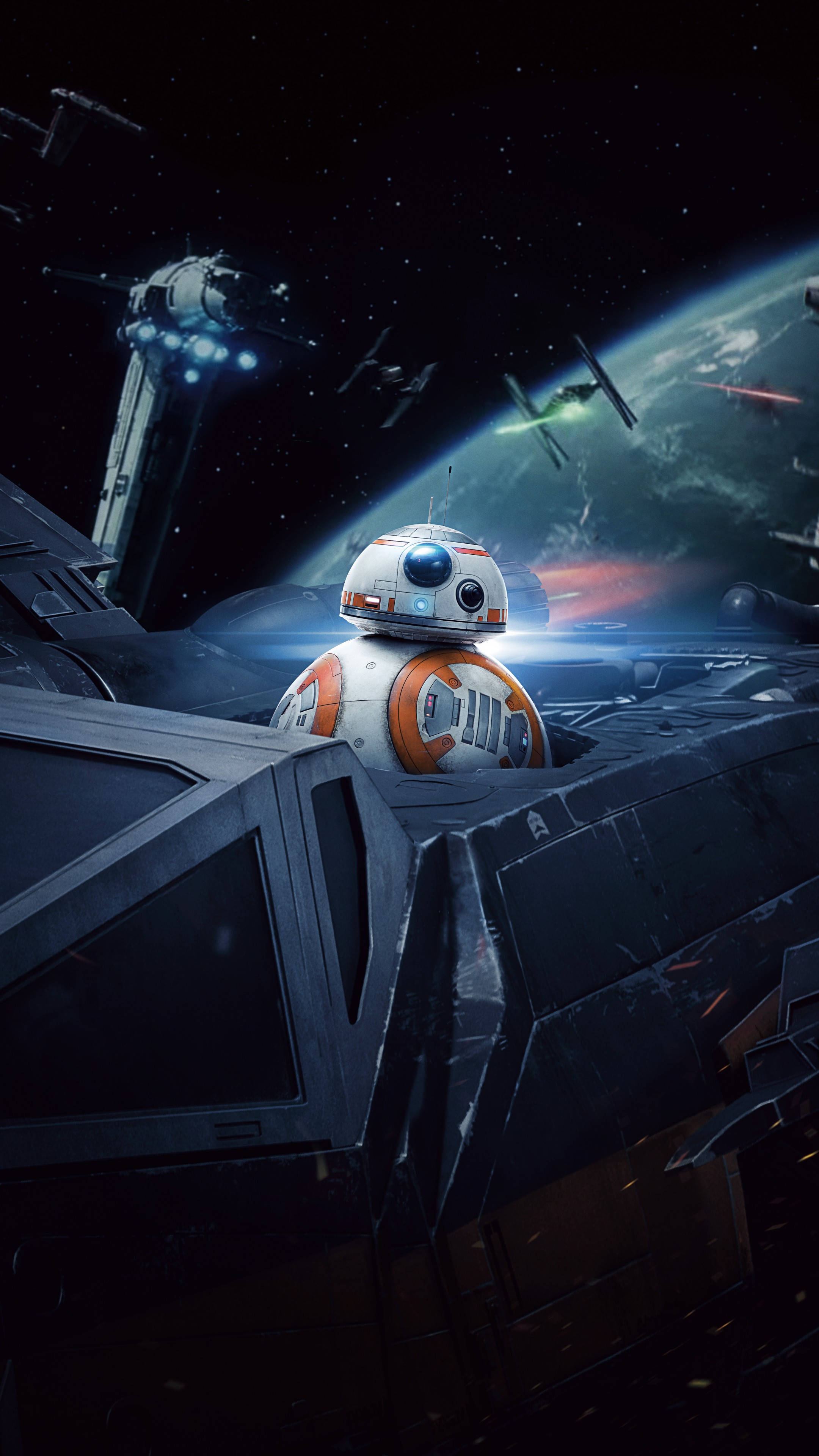 star wars iPhone 6 plus 桌布 壁紙 — BB-8 機器人從太空船駕駛艙窺視，星際戰機在深空行星上空戰鬥。