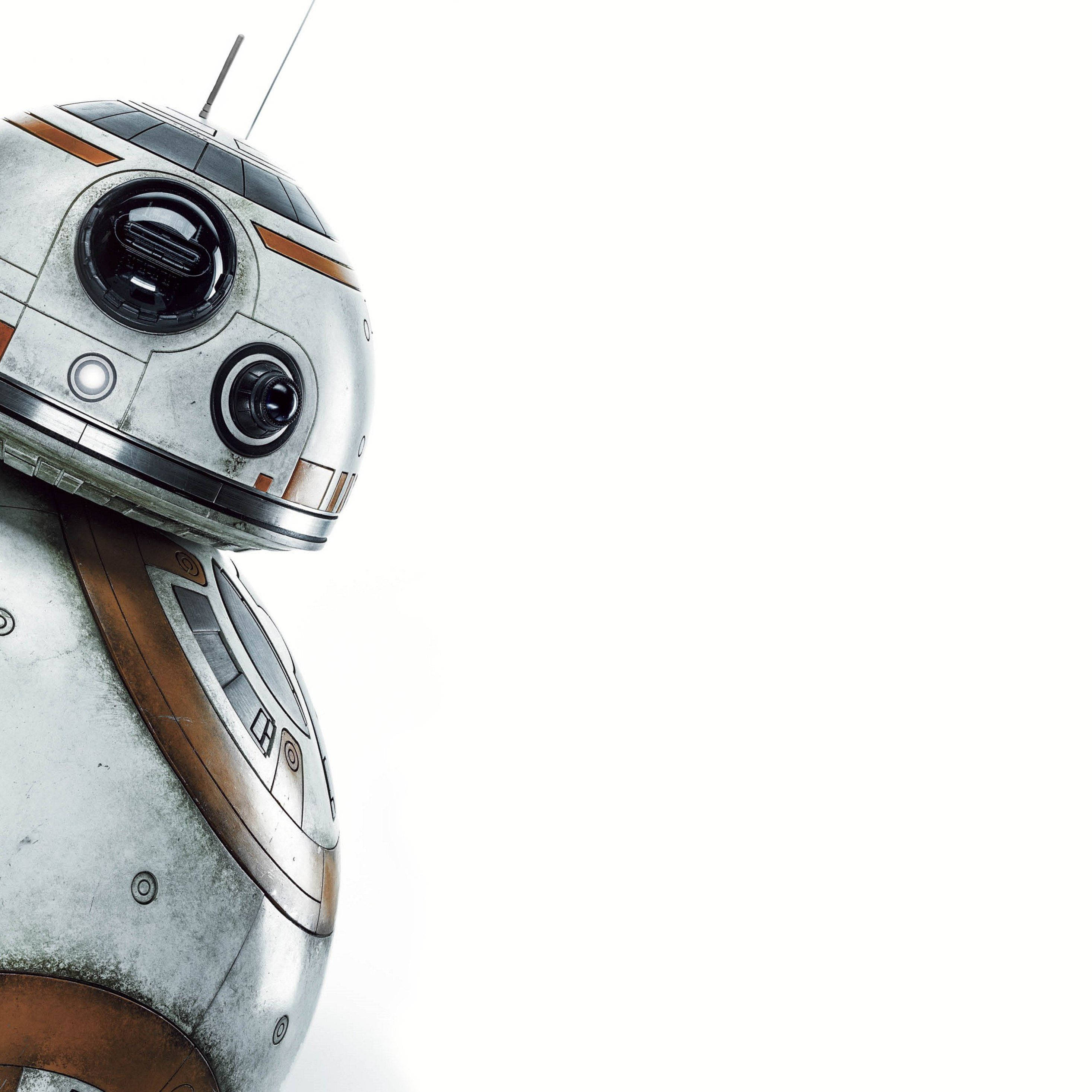 Star Wars iPad 桌布 壁紙 — BB-8 機器人的頭部和軀幹特寫，背景為純白色，帶有金屬銀和銅色點綴。