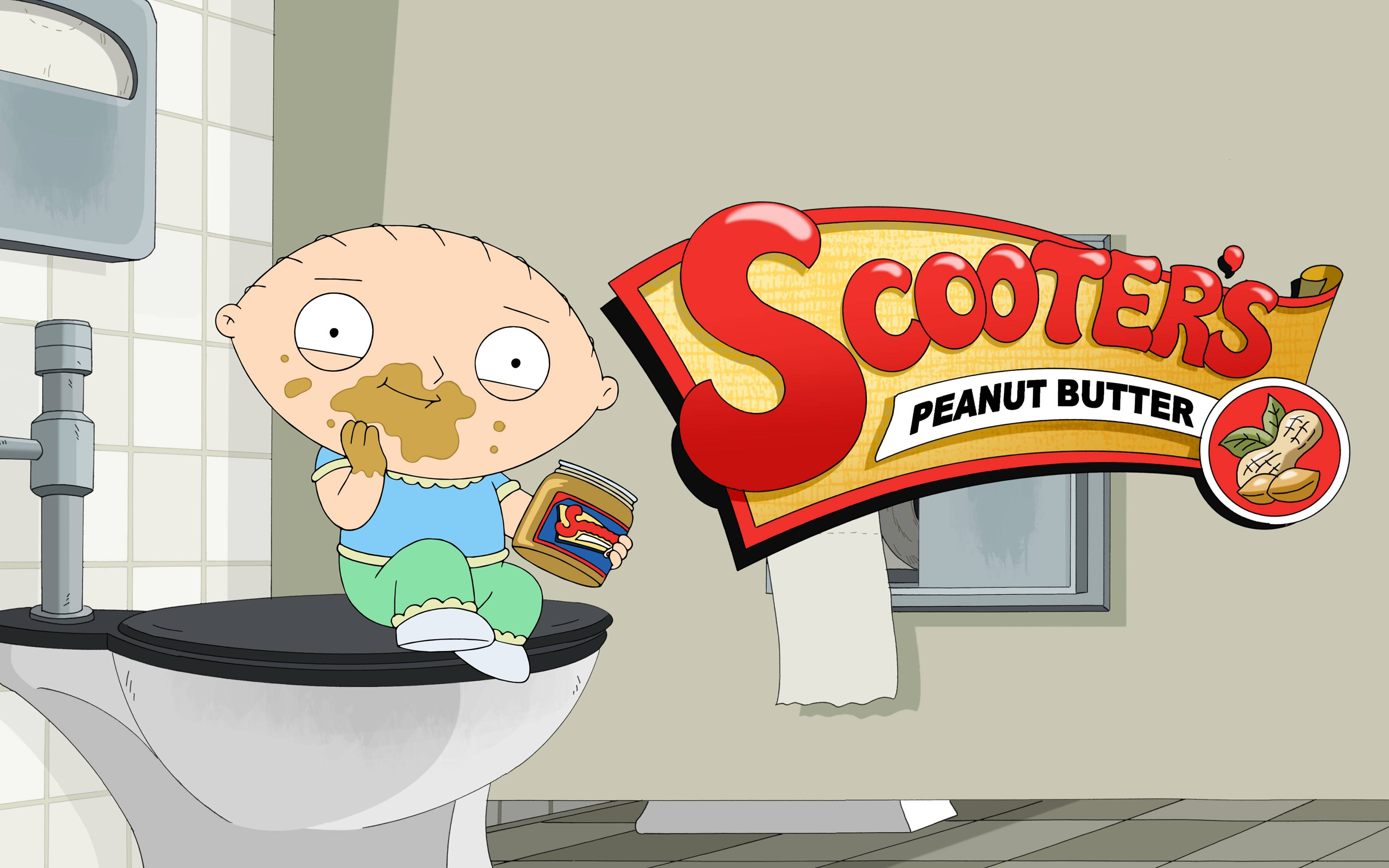 stewie 桌布 壁紙 — BB Stewie 坐在一個被花生醬覆蓋的馬桶上，同時在卡通浴室裡拿著一罐 Scooter's 花生醬。