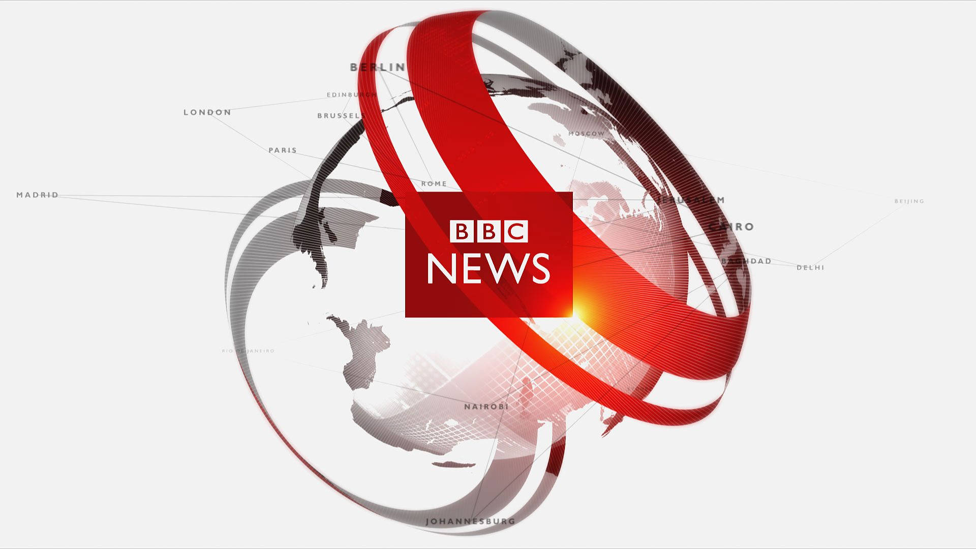 Globe Map 桌布 壁紙 — BBC News 標誌，紅色絲帶包裹著一個顯示主要城市的地球儀，背景為淺灰色。