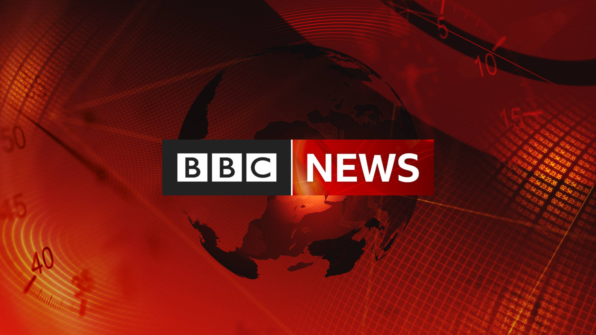 標誌 桌布 壁紙 — BBC News 標誌居中於紅色地球儀上，帶有數位數據流和時鐘元素。