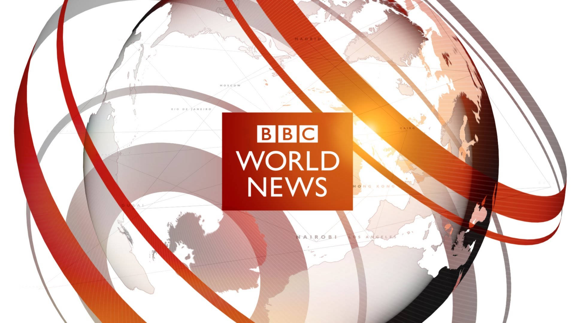 標誌 桌布 壁紙 — BBC World News 標誌居中於一個風格化的地球儀上，周圍有動態的紅橙色絲帶環繞。