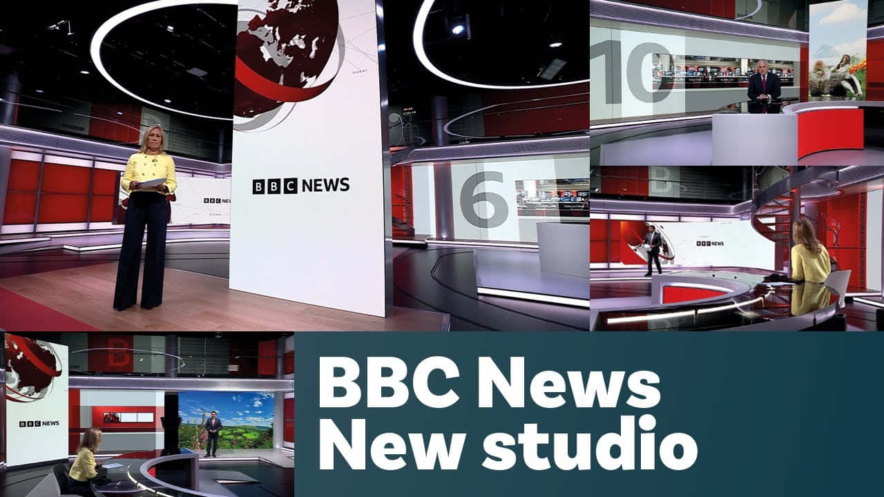 Studio 桌布 壁紙 — BBC新聞主播在現代化攝影棚中呈現，配有紅白曲線佈景和顯示全球地圖及新聞圖形的大型數位螢幕。