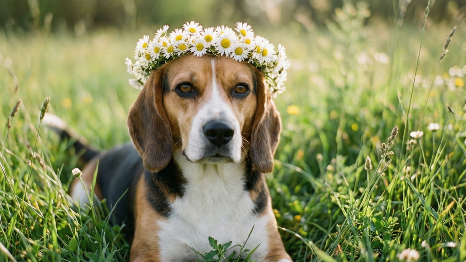Flower Crown Beagle 壁紙 — 一隻垂耳比格犬戴著雛菊花環，躺在陽光普照的綠草地上。