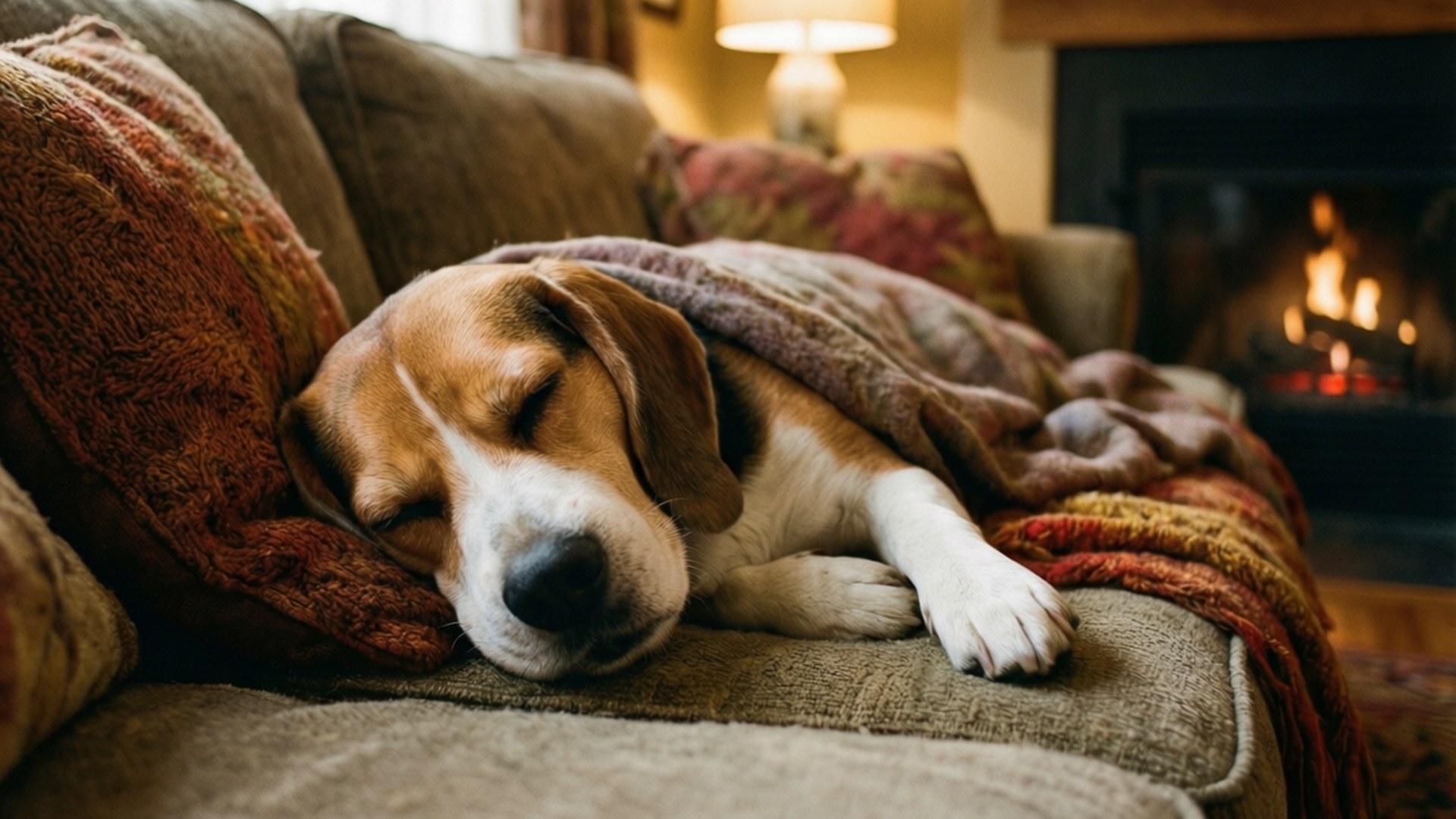 Cozy Beagle Nap 壁紙 — 一隻比格犬在舒適的沙發上蓋著溫暖的毯子平靜地睡覺，背景有壁爐在發光。
