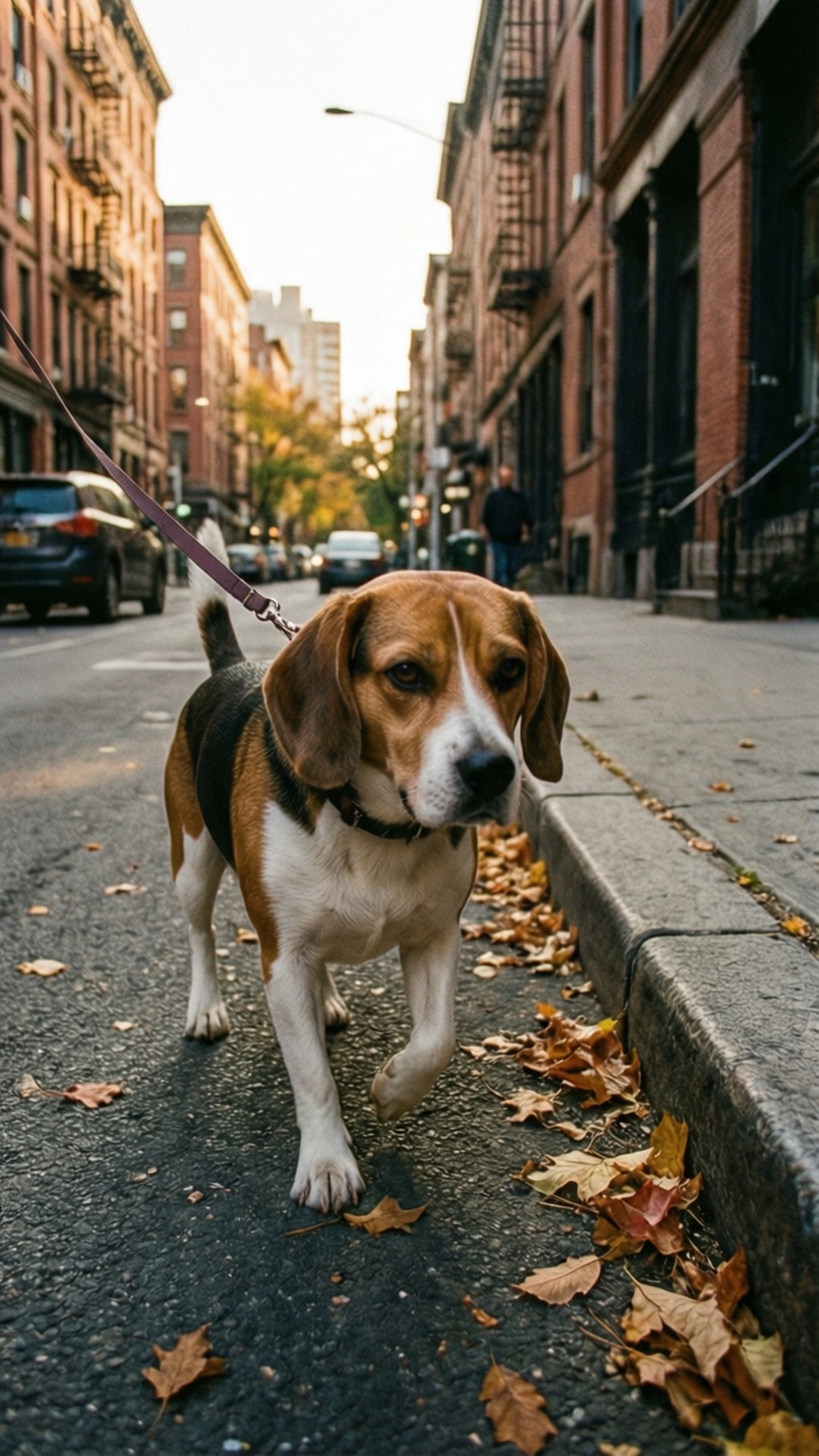 City Beagle Walk 壁紙 — 一隻毛色為棕、白、黑的比格犬，正被牽著繩子走在城市街道上，街道兩旁是磚砌建築，地上散落著秋天的落葉。