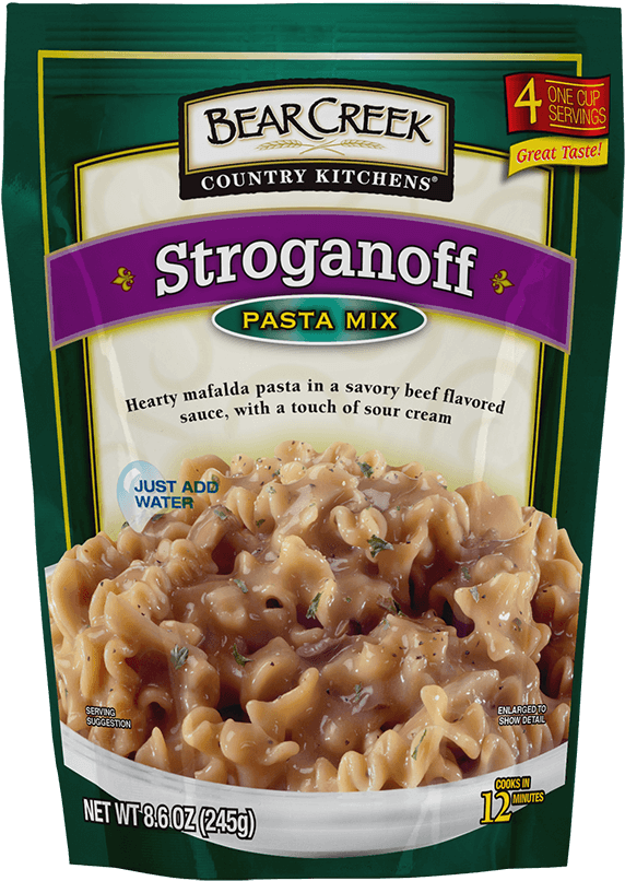 義大利麵 桌布 壁紙 — Bear Creek Country Kitchens Stroganoff 義大利麵混合包裝，鮮綠色包裝，特寫鏡頭展示奶油馬法爾達義大利麵配牛肉醬。