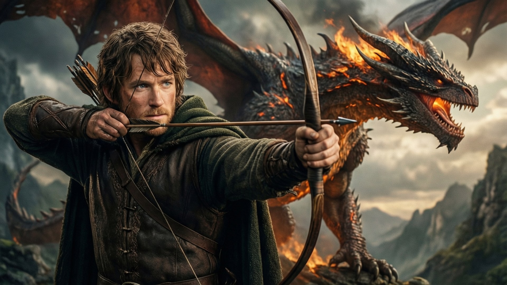 Bard vs Smaug 壁紙 — 一位留鬍鬚的中世紀弓箭手拉弓面對一條眼睛發光、翅膀張開的火焰巨龍，背景是風暴中的山脈。