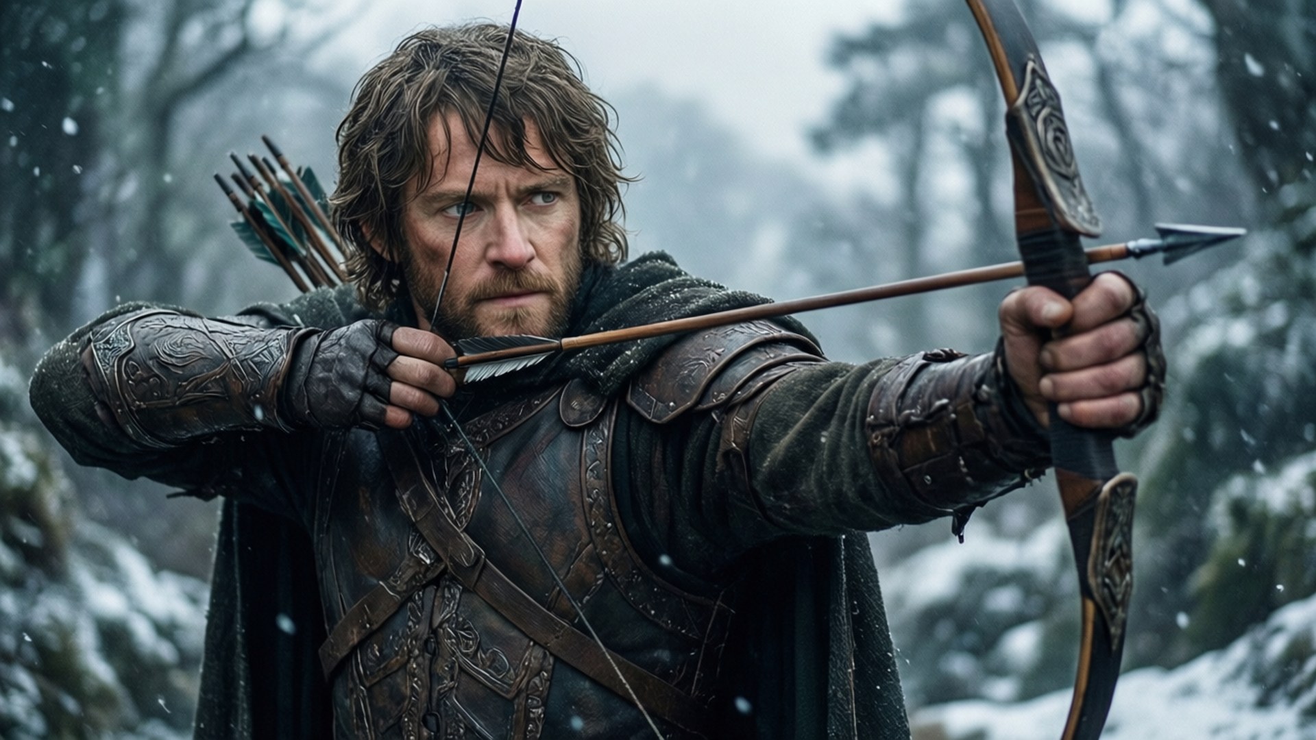 Luke Evans 桌布 壁紙 — 一位鬍鬚弓箭手身穿華麗盔甲，在飄雪的森林中拉弓。