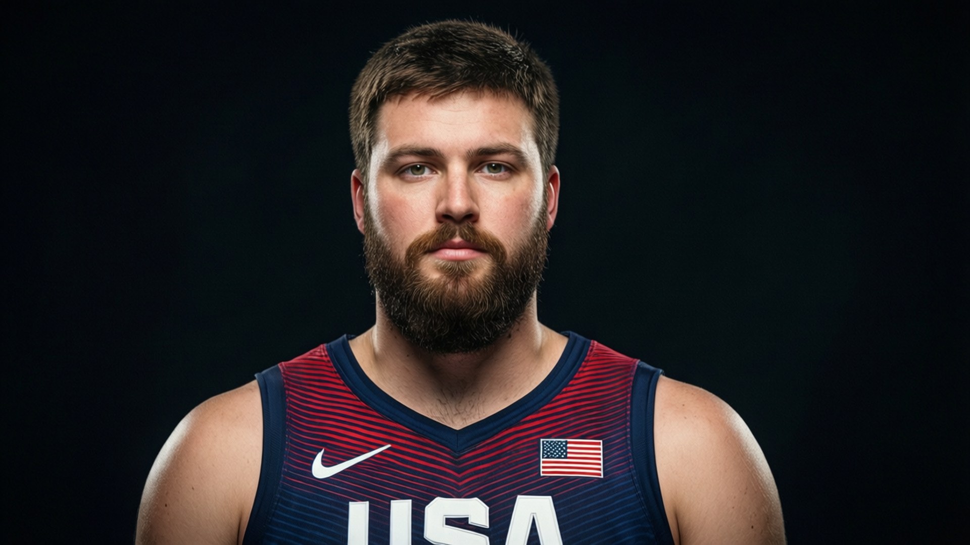Team USA Pride 壁紙 — 一位留鬍子的籃球運動員，身穿紅藍色美國隊球衣，帶有美國國旗補丁，在深色背景下凝視著。