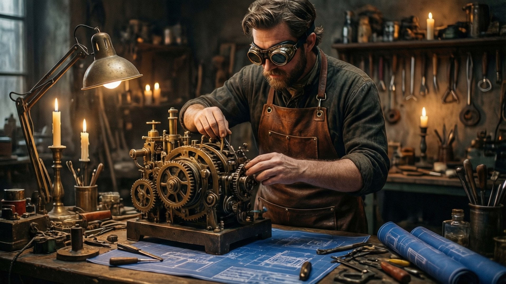 Inventor at Work 壁紙 — 一位留鬍鬚的工匠戴著護目鏡和圍裙，在雜亂的工作室中，在溫暖的燈光下仔細組裝黃銅齒輪機構。