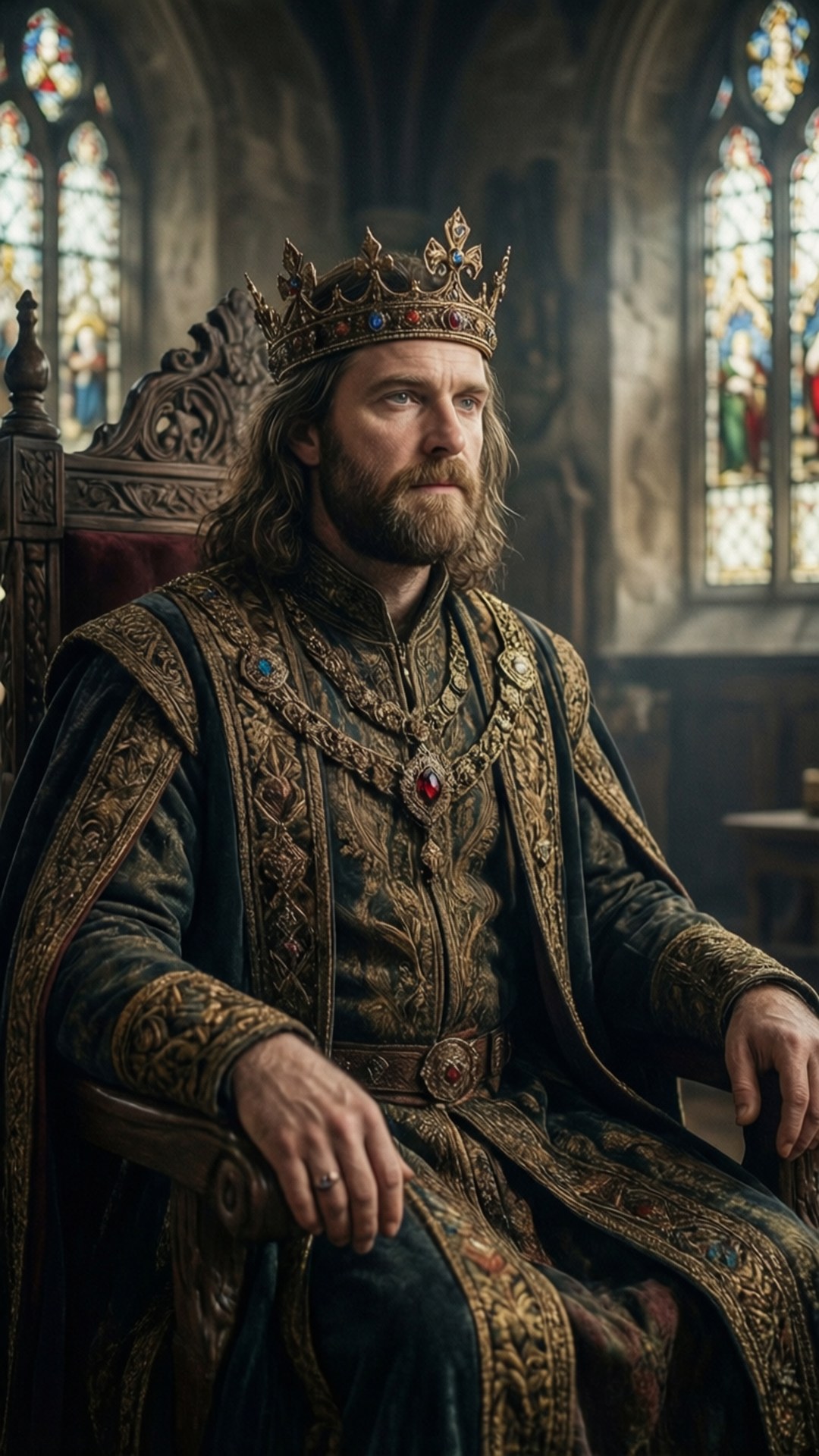 Throne of Glory 壁紙 — 一位留鬍鬚的國王，戴著華麗的金色王冠，身穿深色刺繡長袍，威嚴地坐在彩色玻璃窗下的王座上。