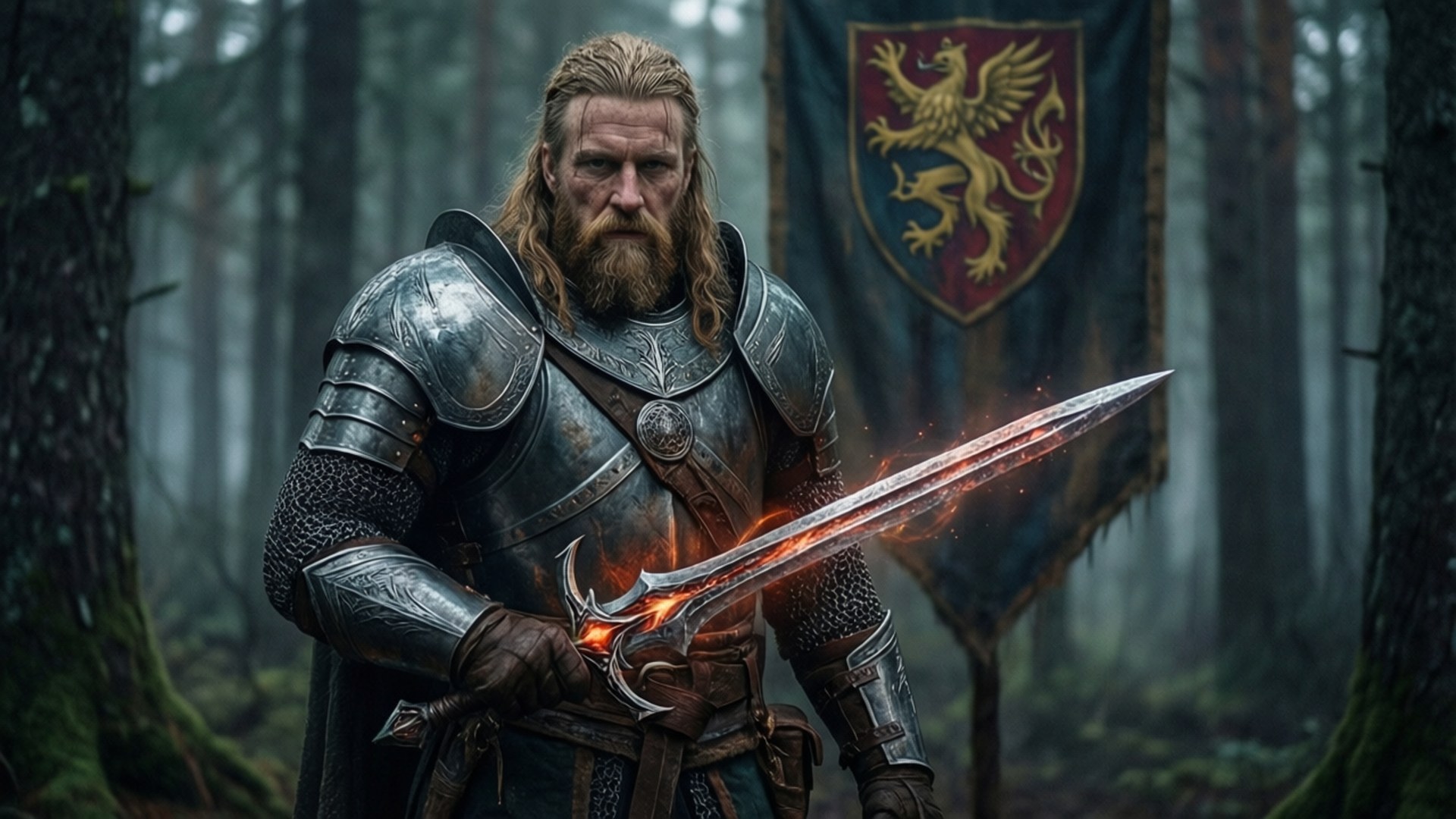 Nord Warrior's Vigil 壁紙 — 一位留鬍鬚的騎士穿著精細的銀色盔甲，在迷霧森林中握著一把發光的火焰劍，身後有一面紋章旗幟。