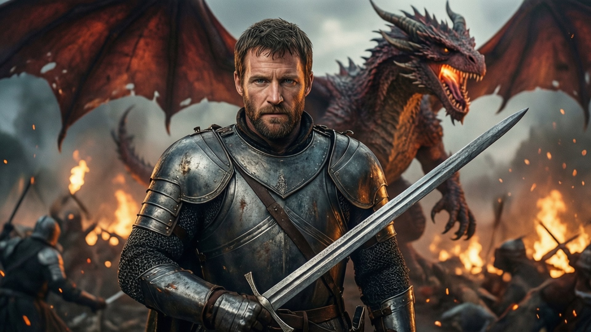 Dragon Knight 壁紙 — 一個留鬍鬚的騎士穿著暗淡的盔甲，緊握著劍，而一隻咆哮的龍展開翅膀，在戰場的火焰中聳立在他身後。