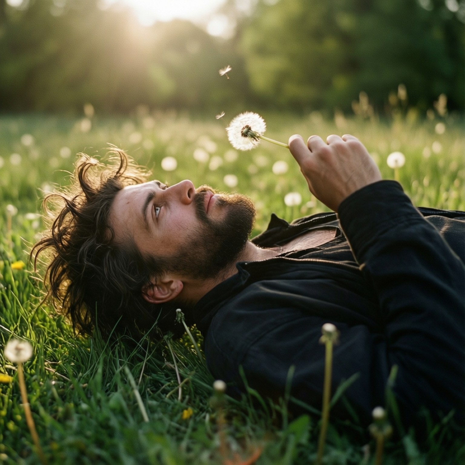 Dreamy Afternoon 壁紙 — 一個留鬍子的男人躺在陽光明媚的草地上，吹散蒲公英種子，讓它們飄走。