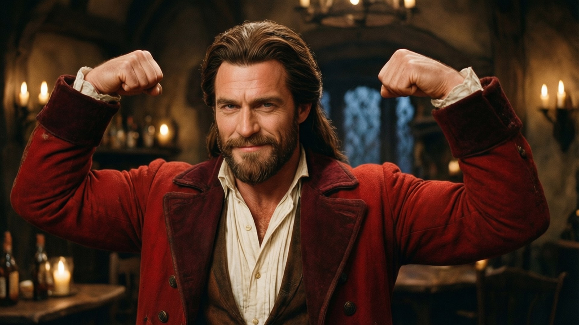 Gaston Tavern Triumph 壁紙 — 一位留鬍子的男人穿著紅色天鵝絨外套，在燭光中世紀酒館中彎曲雙臂。