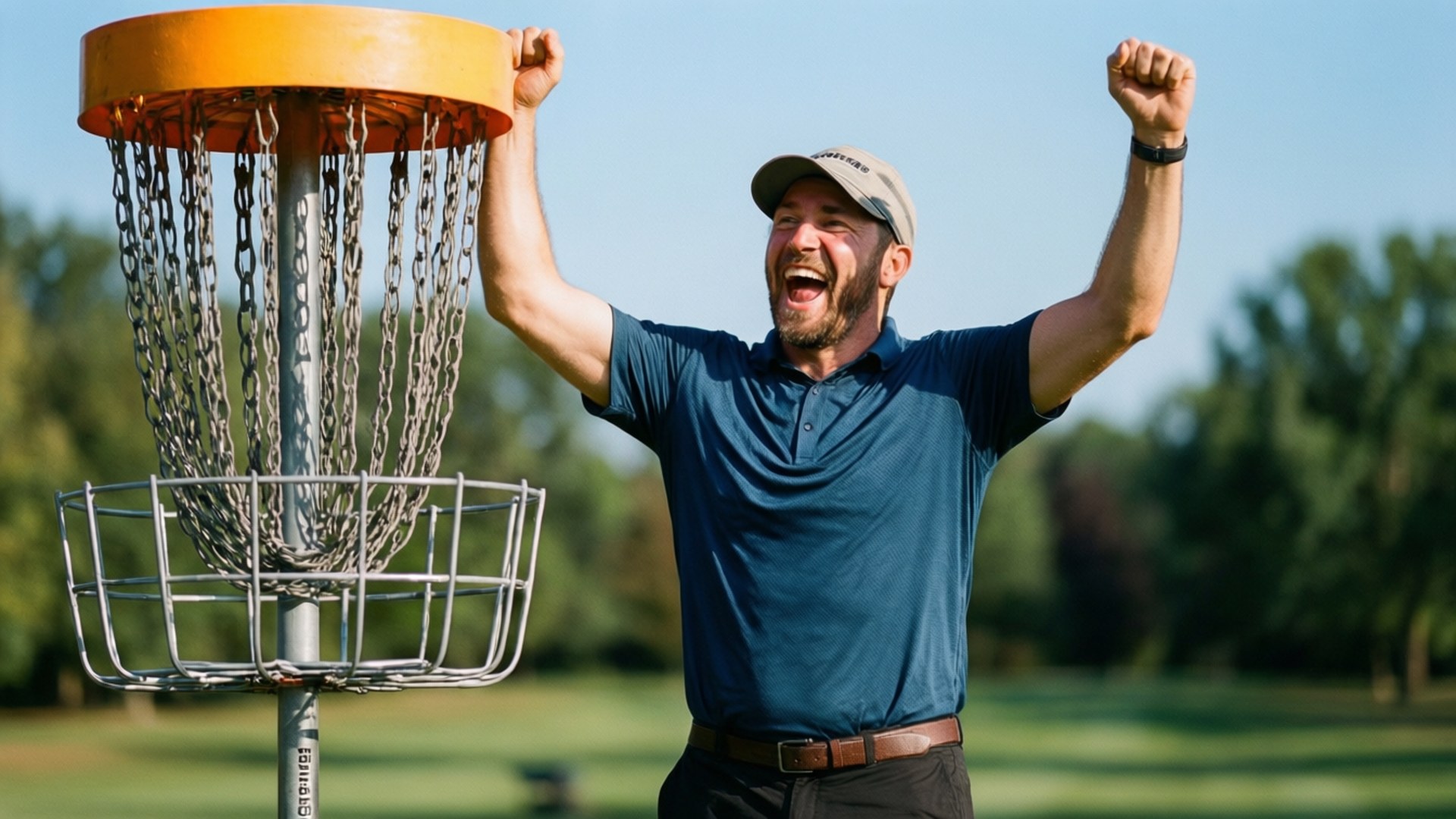 Disc Golf Basket 桌布 壁紙 — 一位留鬍鬚的男子身穿藍色Polo衫，在晴朗的藍天下，於飛盤高爾夫球籃旁高舉拳頭慶祝勝利。