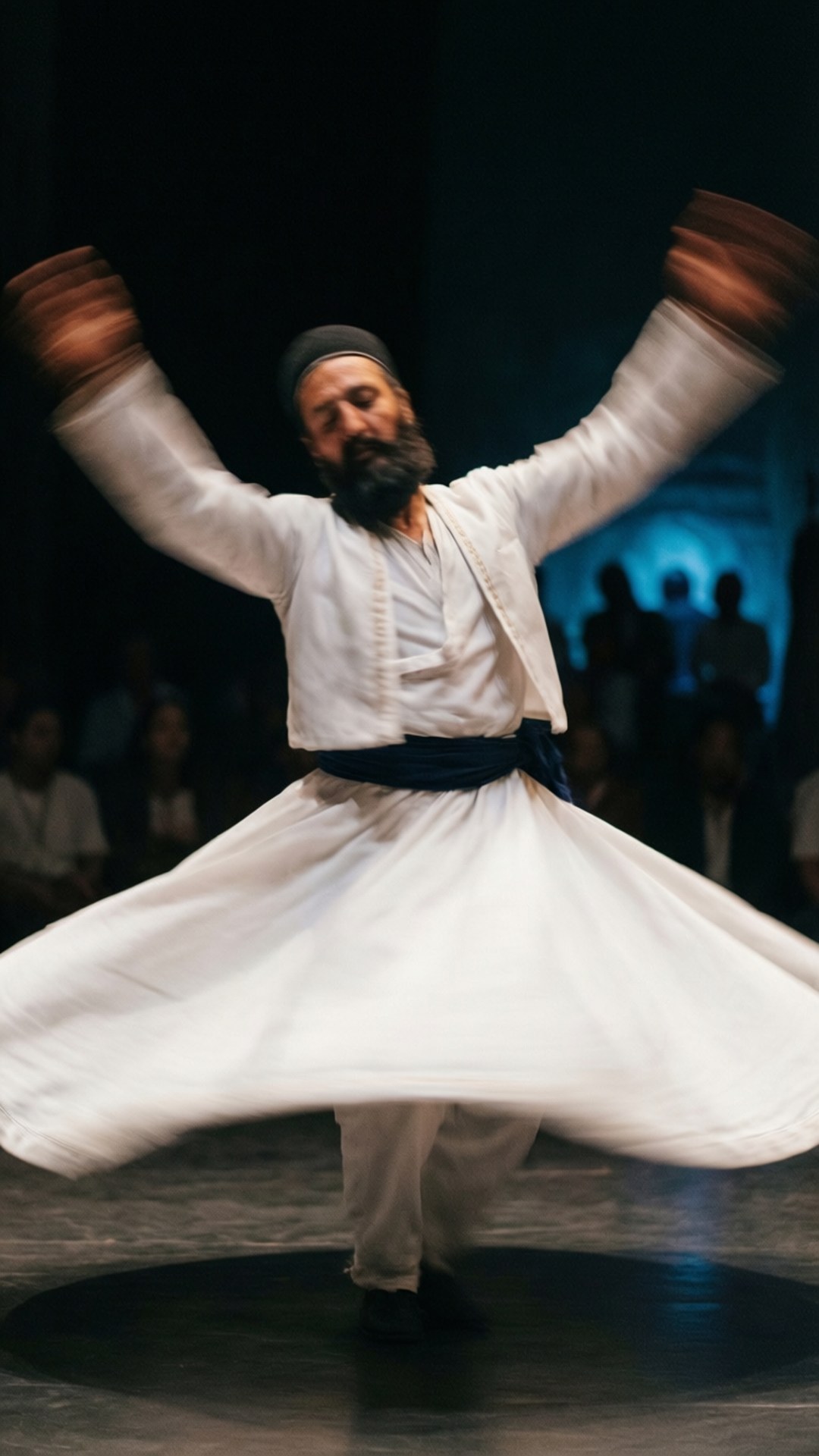Whirling Dervish 壁紙 — 一位留鬍鬚的男子身穿白色長袍和黑色腰帶，在黑暗的舞台上伸展雙臂，在觀眾面前旋轉，呈現動態模糊效果。