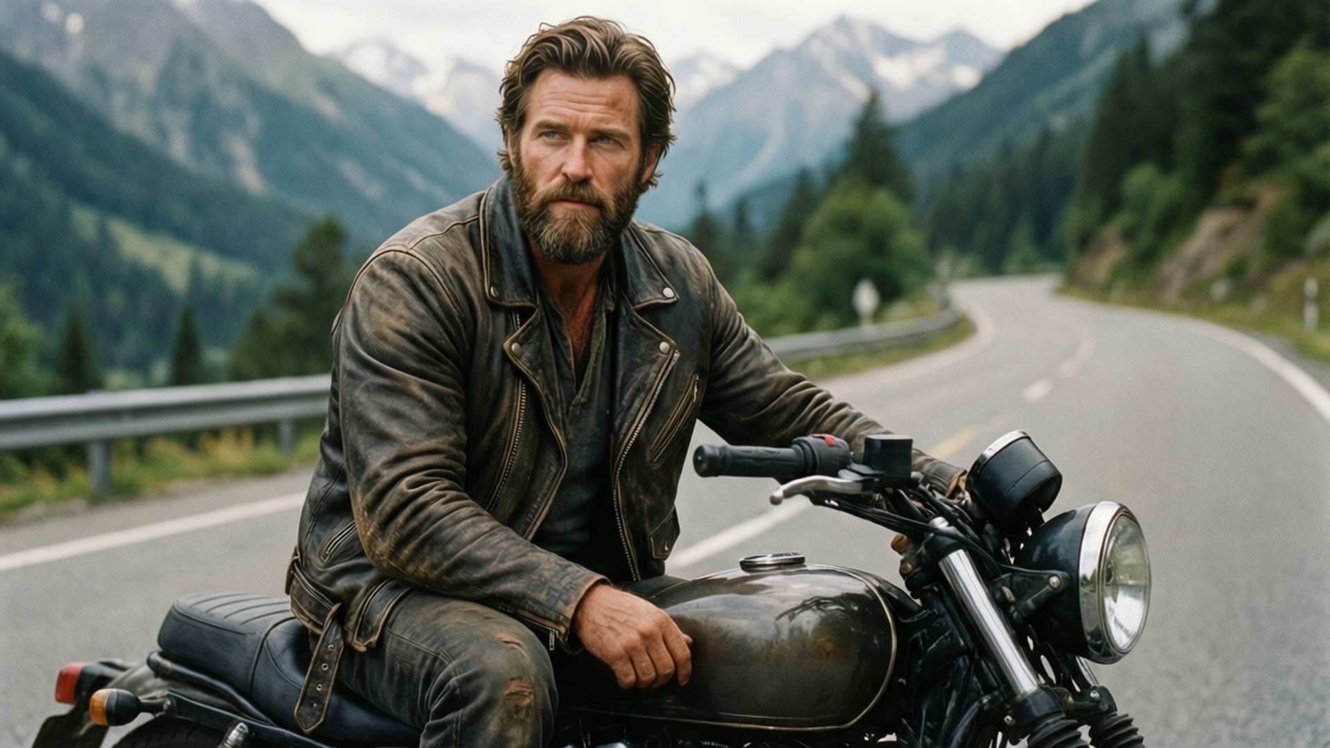 Biker Spirit 壁紙 — 一個留鬍鬚的男人穿著破舊的皮夾克，坐在一輛經典摩托車上，位於蜿蜒的山路上，背景是白雪覆蓋的山峰和茂密的森林。