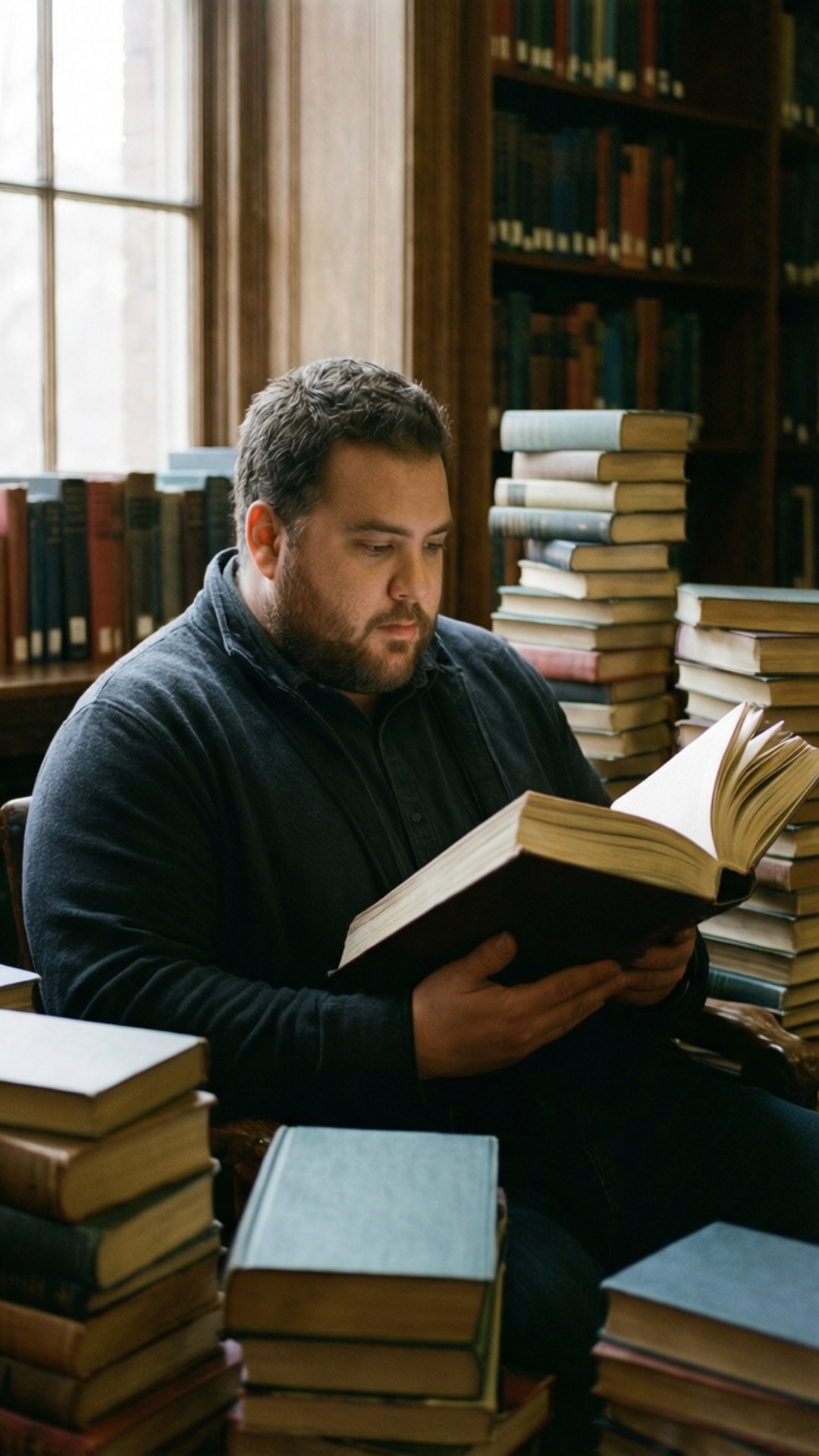 Bookworm 壁紙 — 一位留鬍鬚的男子穿著深色毛衣，在陽光明媚的圖書館中被高聳的復古書堆環繞著閱讀一本書。