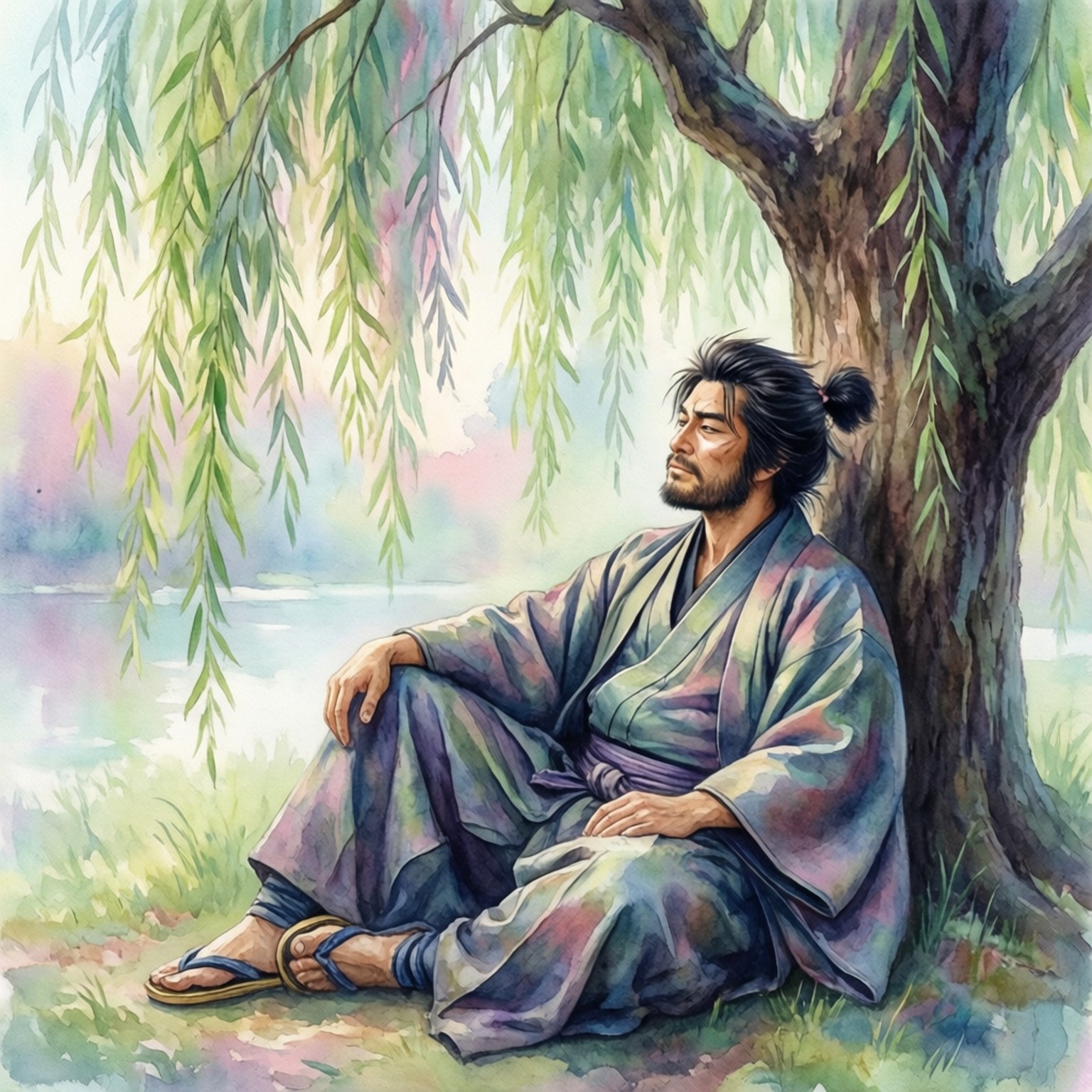 多羅羅 桌布 壁紙 — 一位留鬍子的男人穿著傳統長袍，平靜地坐在寧靜湖邊的垂柳下。