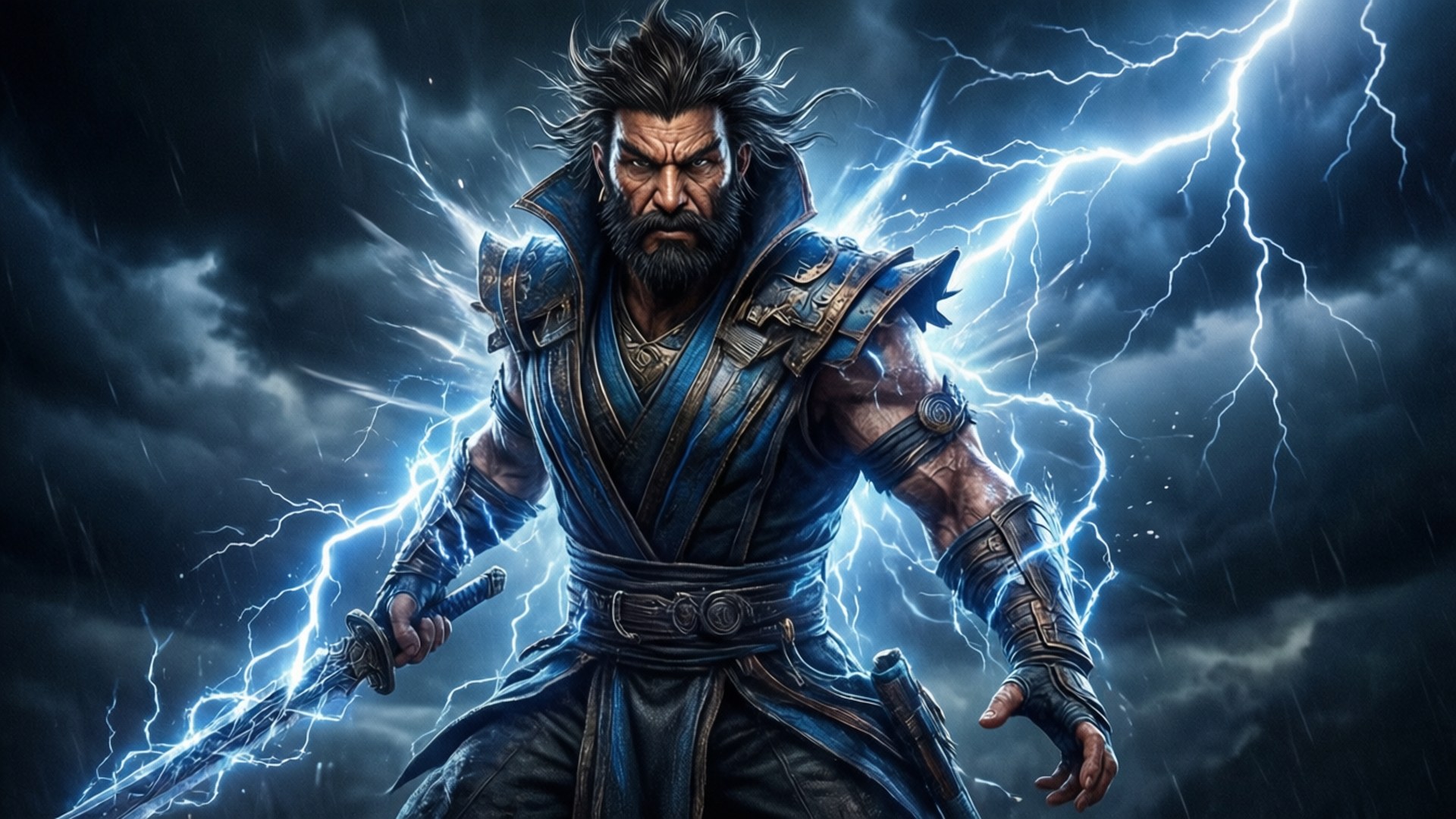 Mortal Kombat X 桌布 壁紙 — 一位鬍鬚戰士身穿藍色盔甲，揮舞著帶有閃電力量的劍，面對風暴天空和噼啪作響的閃電。