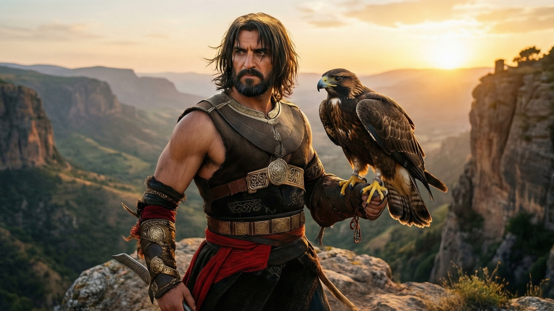 Prince Of Persia 桌布 壁紙 — 一位留鬍鬚的戰士身穿華麗盔甲，在日落時分站在懸崖頂上，戴著手套的手上托著一隻雄偉的鷹，俯瞰廣闊的峽谷。